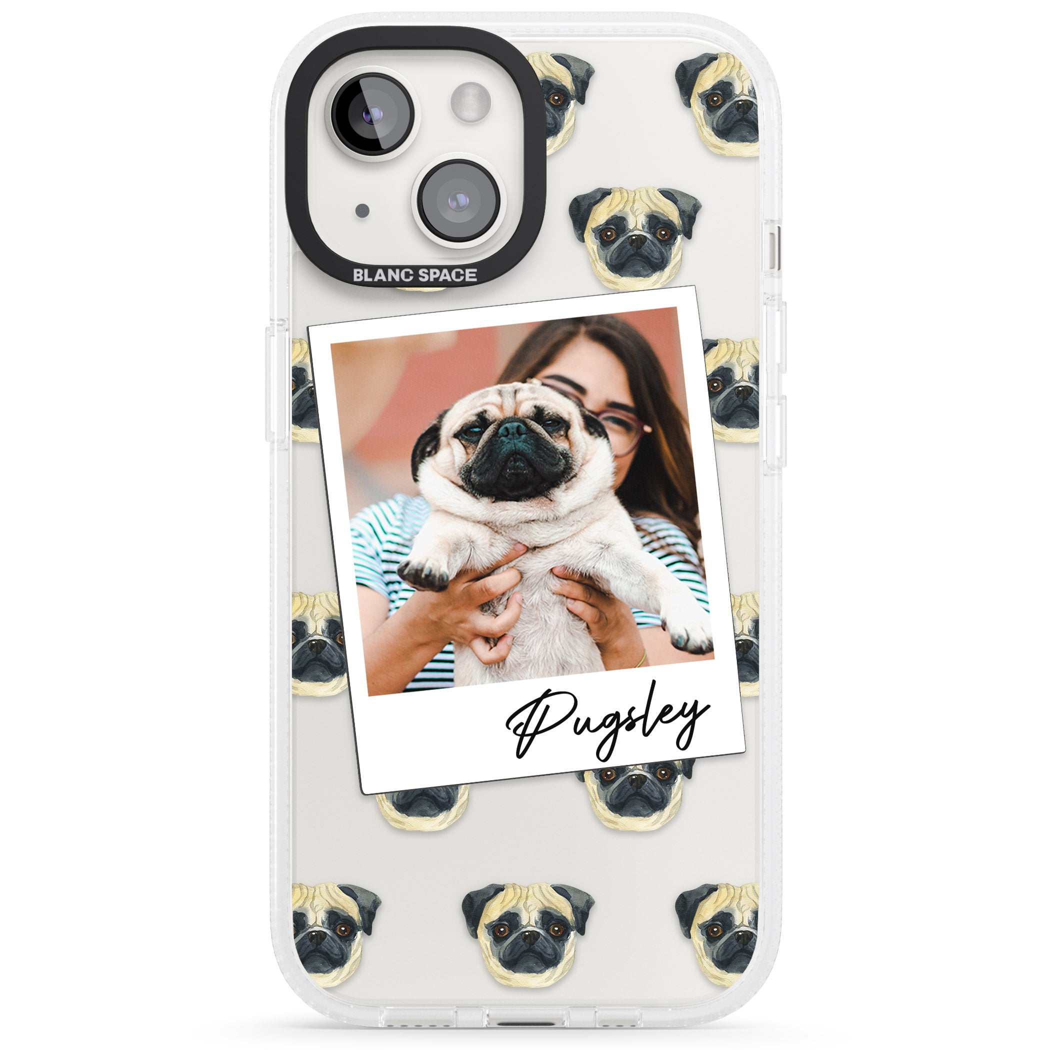 Personalised Pug - Dog Photo iPhone 15 / 14 / 13 Clear Case Impact Air - Blanc Space