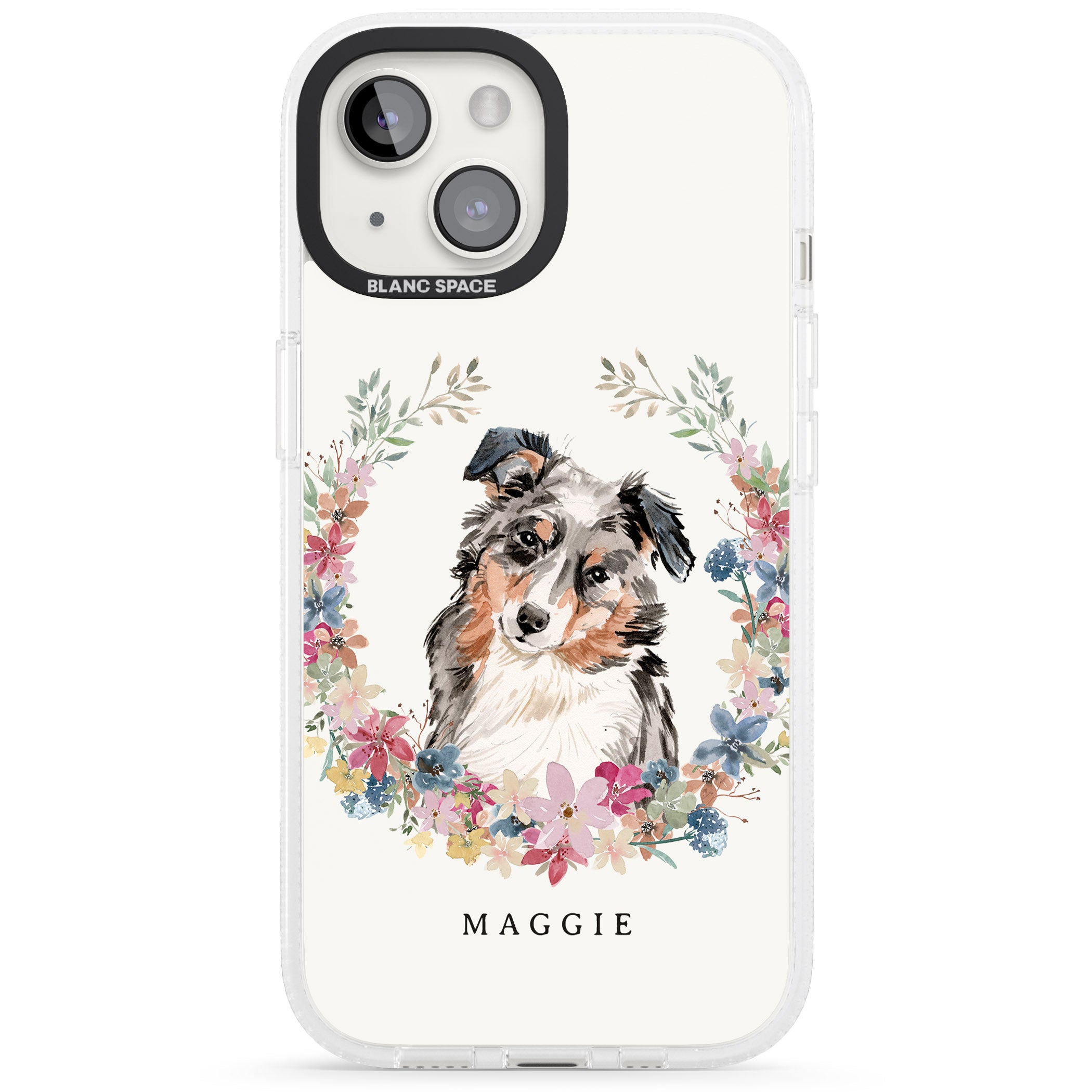 Personalised Australian Shepherd Watercolour Dog Portrait iPhone 15 / 14 / 13 Clear Case Impact Air - Blanc Space