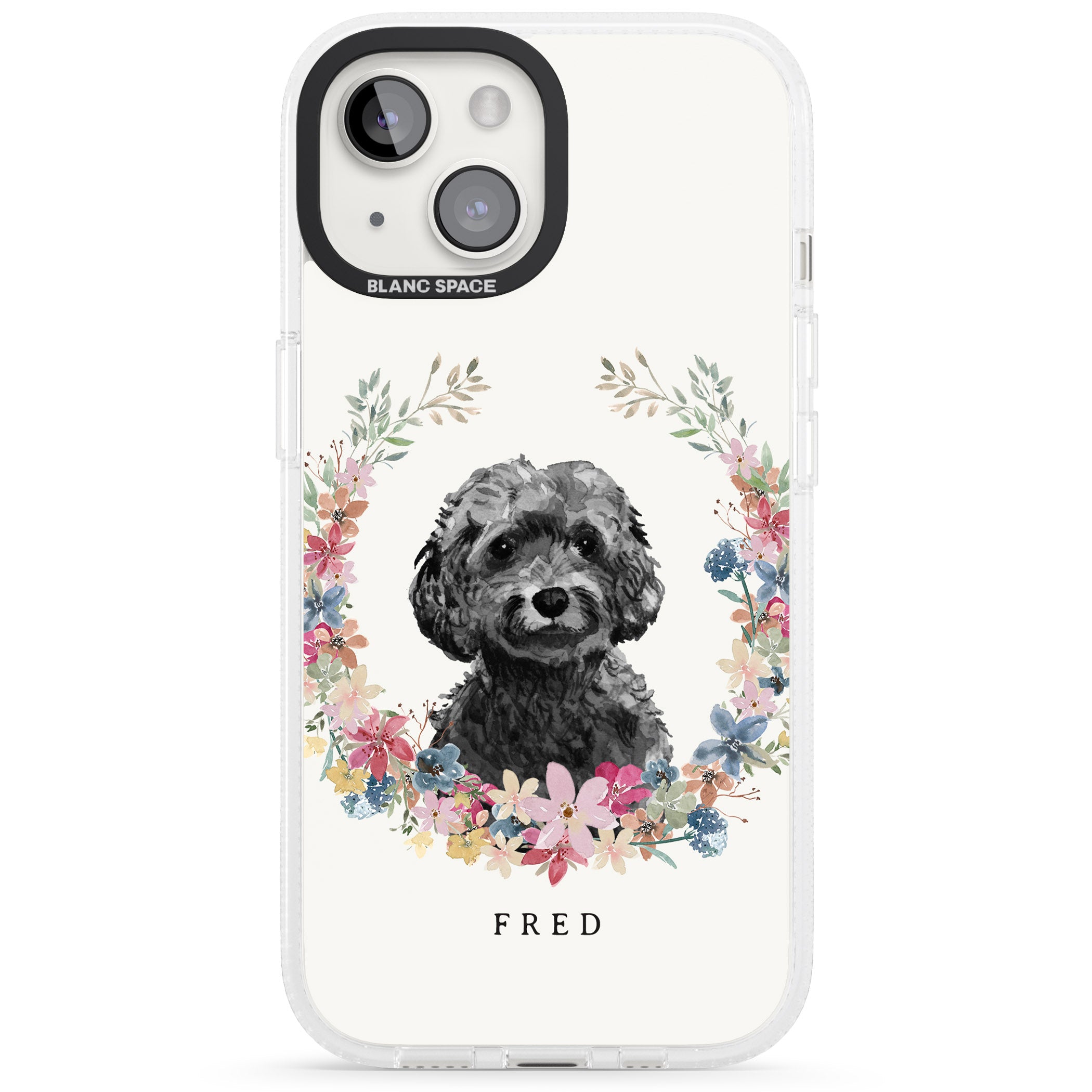 Personalised Black Cockapoo - Watercolour Dog Portrait iPhone 15 / 14 / 13 Clear Case Impact Air - Blanc Space