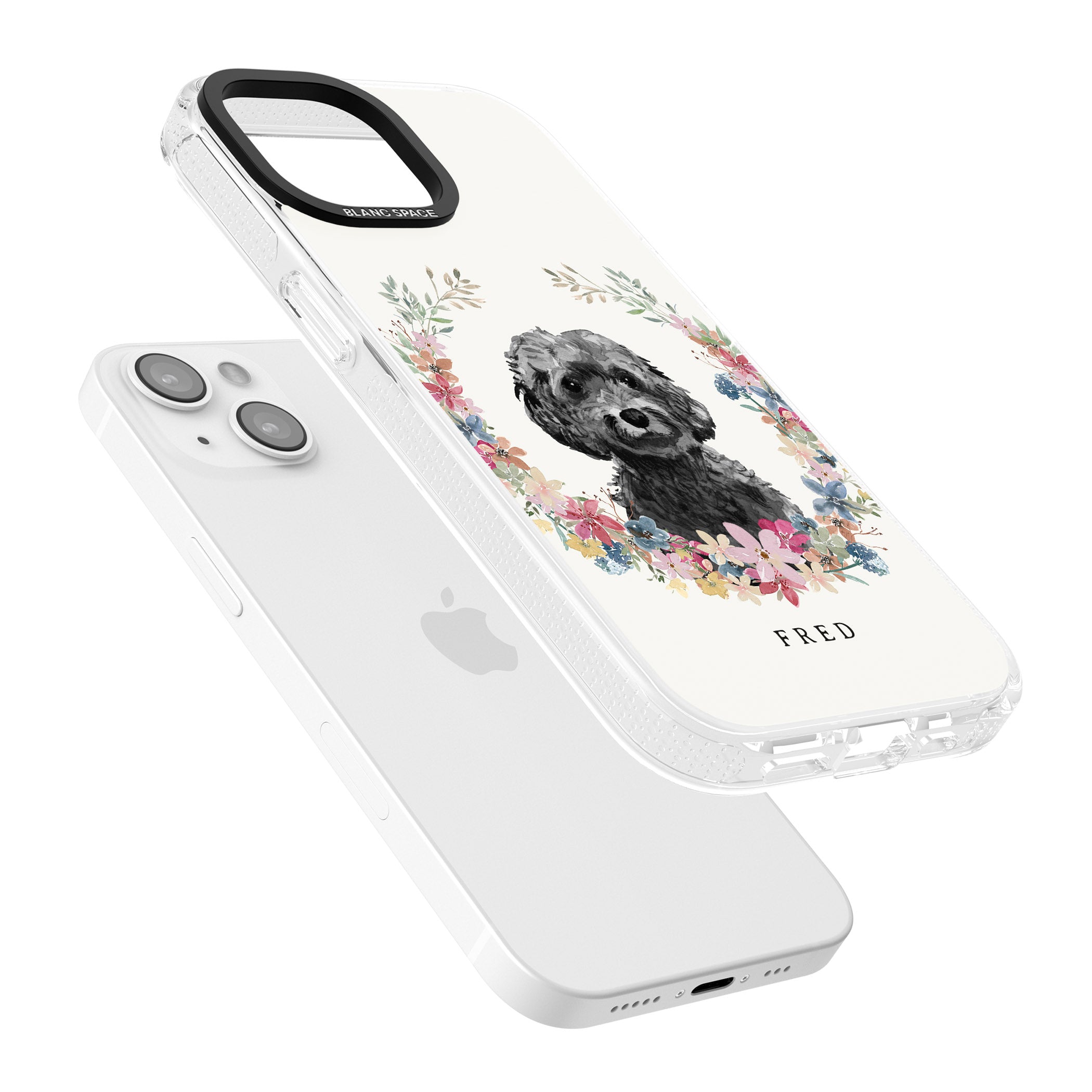 Personalised Black Cockapoo - Watercolour Dog Portrait iPhone 15 / 14 / 13 Clear Case Impact Air - Blanc Space