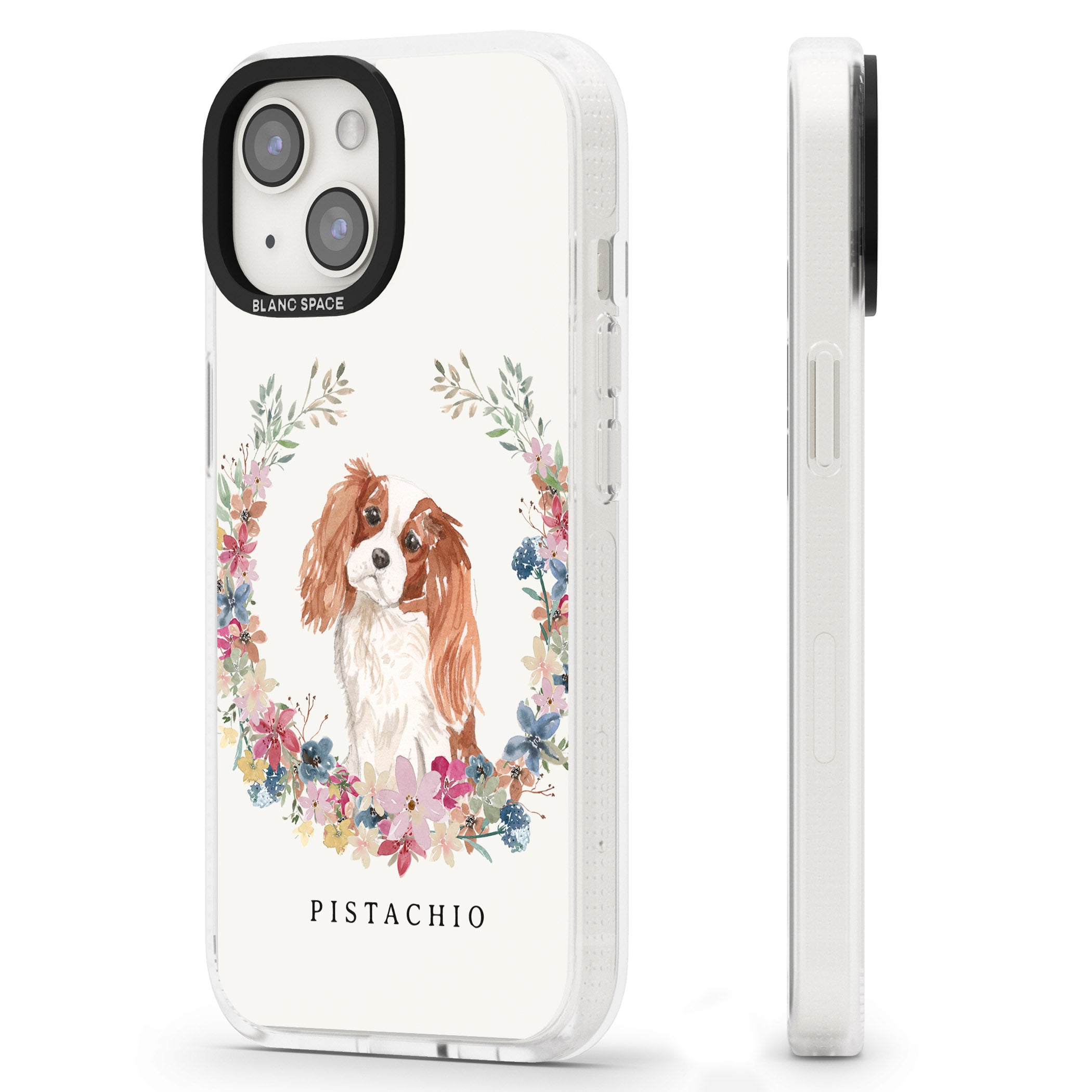 Personalised Cavalier King Charles Portrait Spaniel iPhone 15 / 14 / 13 Clear Case Impact Air - Blanc Space