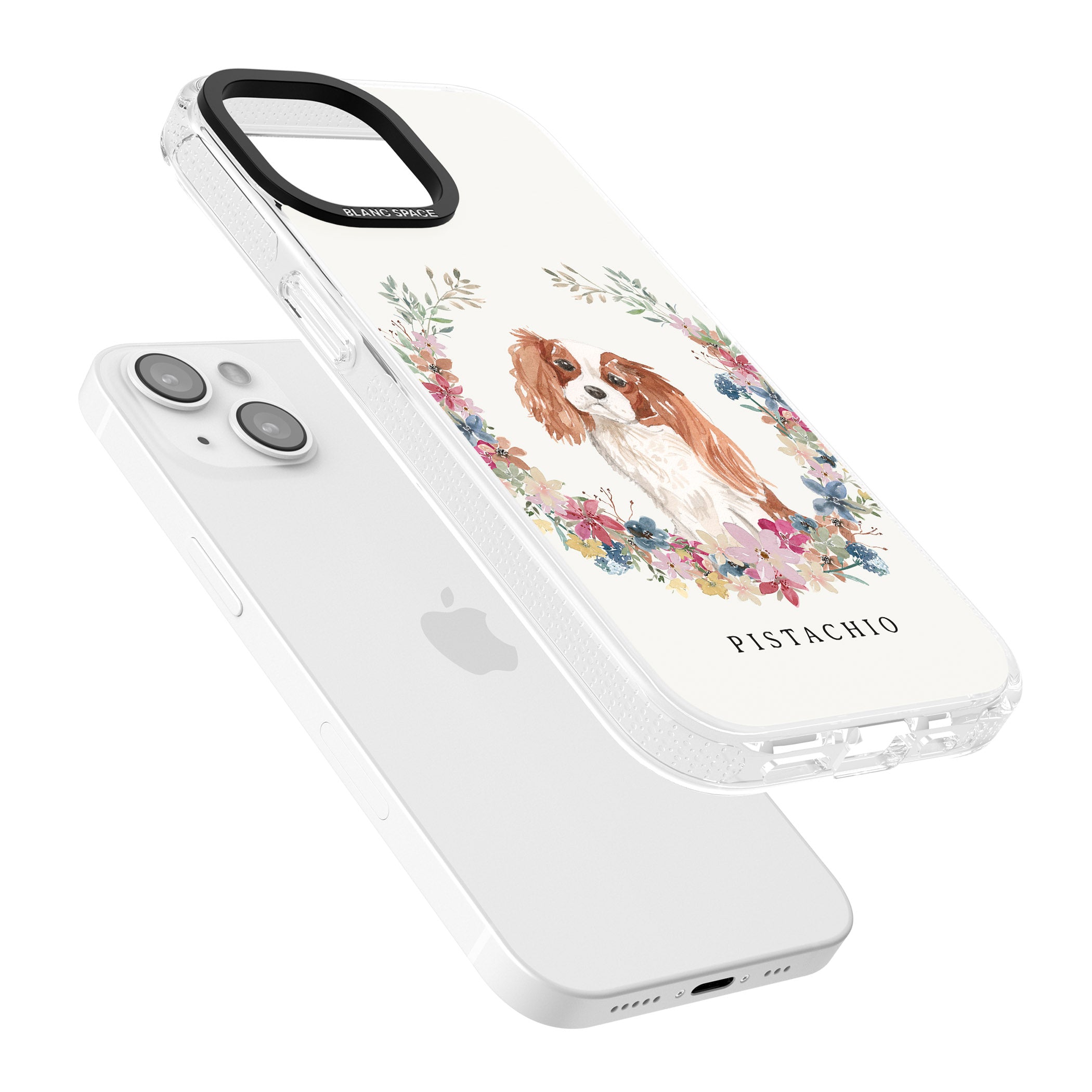 Personalised Cavalier King Charles Portrait Spaniel iPhone 15 / 14 / 13 Clear Case Impact Air - Blanc Space