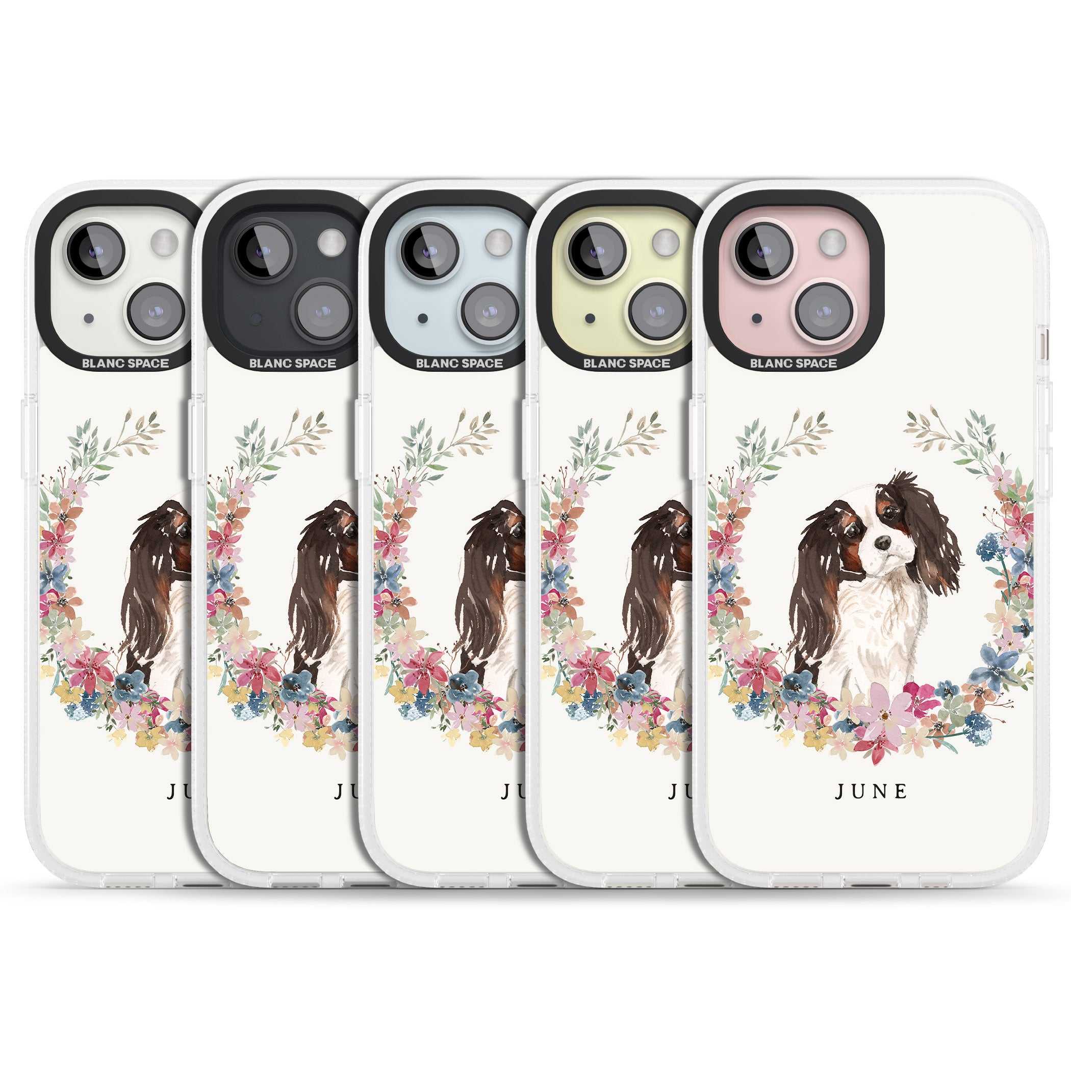 Personalised Tri Coloured King Charles Watercolour Dog Portrait iPhone 15 / 14 / 13 Clear Case Impact Air - Blanc Space