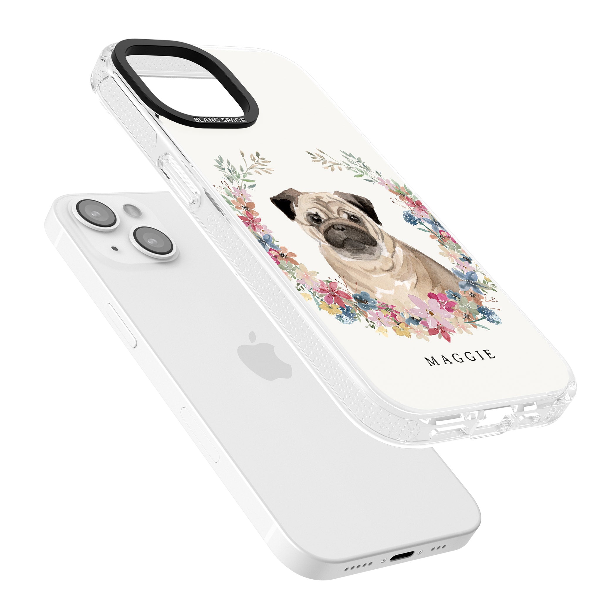 Personalised Pug - Watercolour Dog Portrait iPhone 15 / 14 / 13 Clear Case Impact Air - Blanc Space