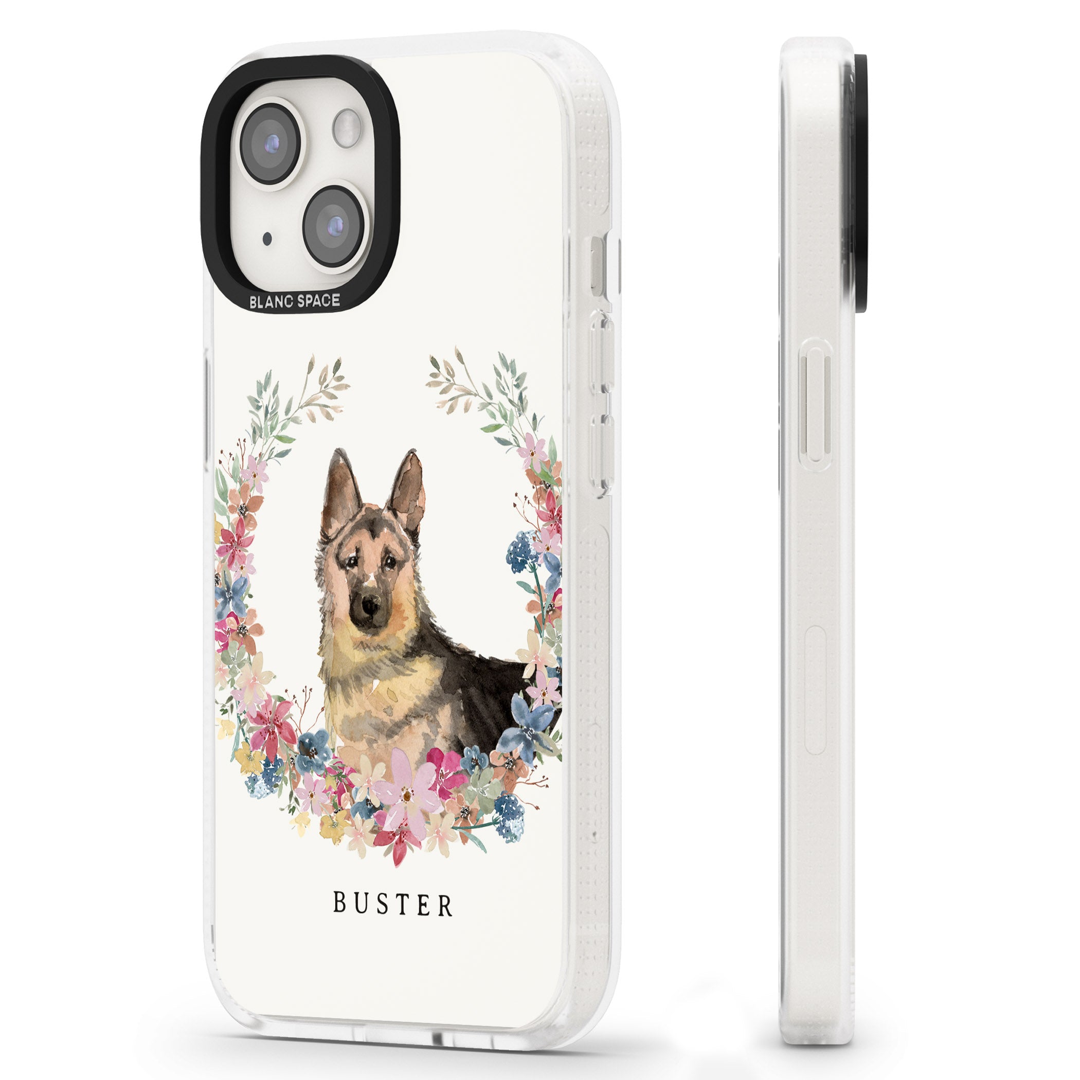 Personalised German Shepherd - Watercolour Dog Portrait iPhone 15 / 14 / 13 Clear Case Impact Air - Blanc Space