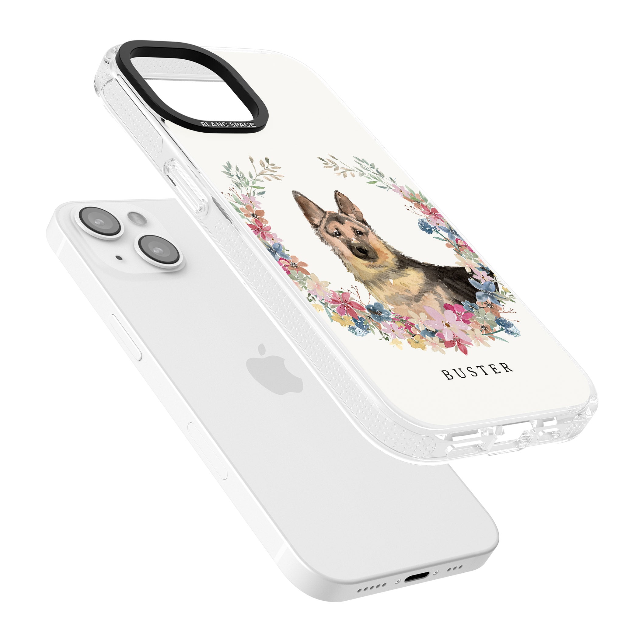Personalised German Shepherd - Watercolour Dog Portrait iPhone 15 / 14 / 13 Clear Case Impact Air - Blanc Space