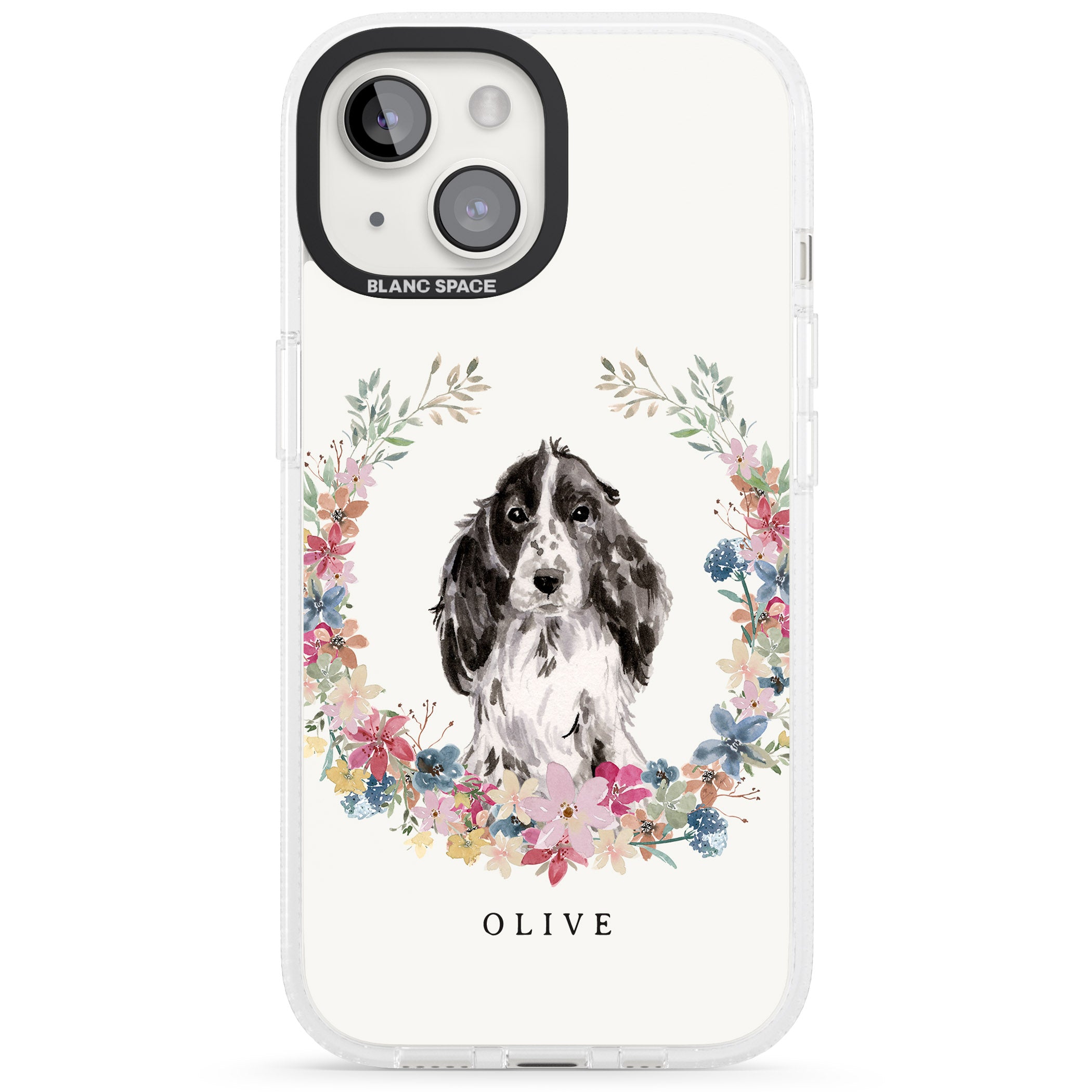 Personalised Black Cocker Spaniel - Watercolour Dog Portrait iPhone 15 / 14 / 13 Clear Case Impact Air - Blanc Space