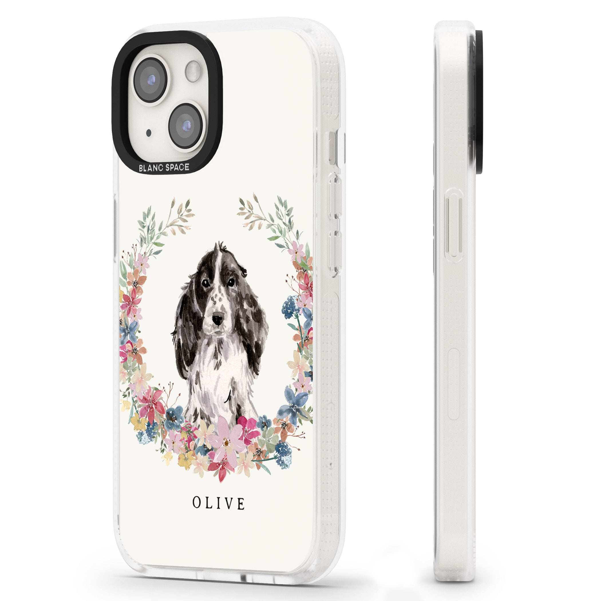 Personalised Black Cocker Spaniel - Watercolour Dog Portrait iPhone 15 / 14 / 13 Clear Case Impact Air - Blanc Space