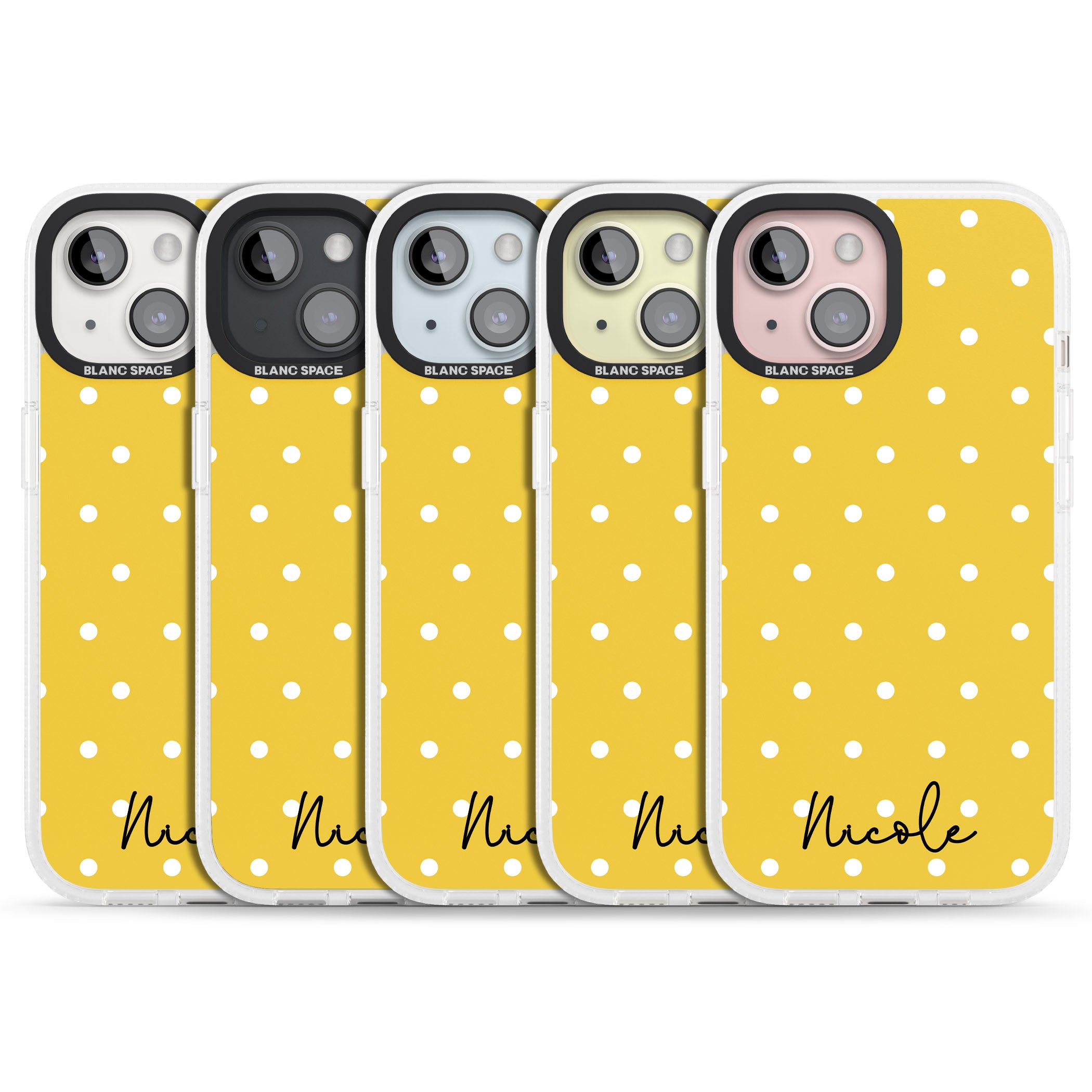 Personalised Yellow Polka Dot iPhone 15 / 14 / 13 Clear Case Impact Air - Blanc Space