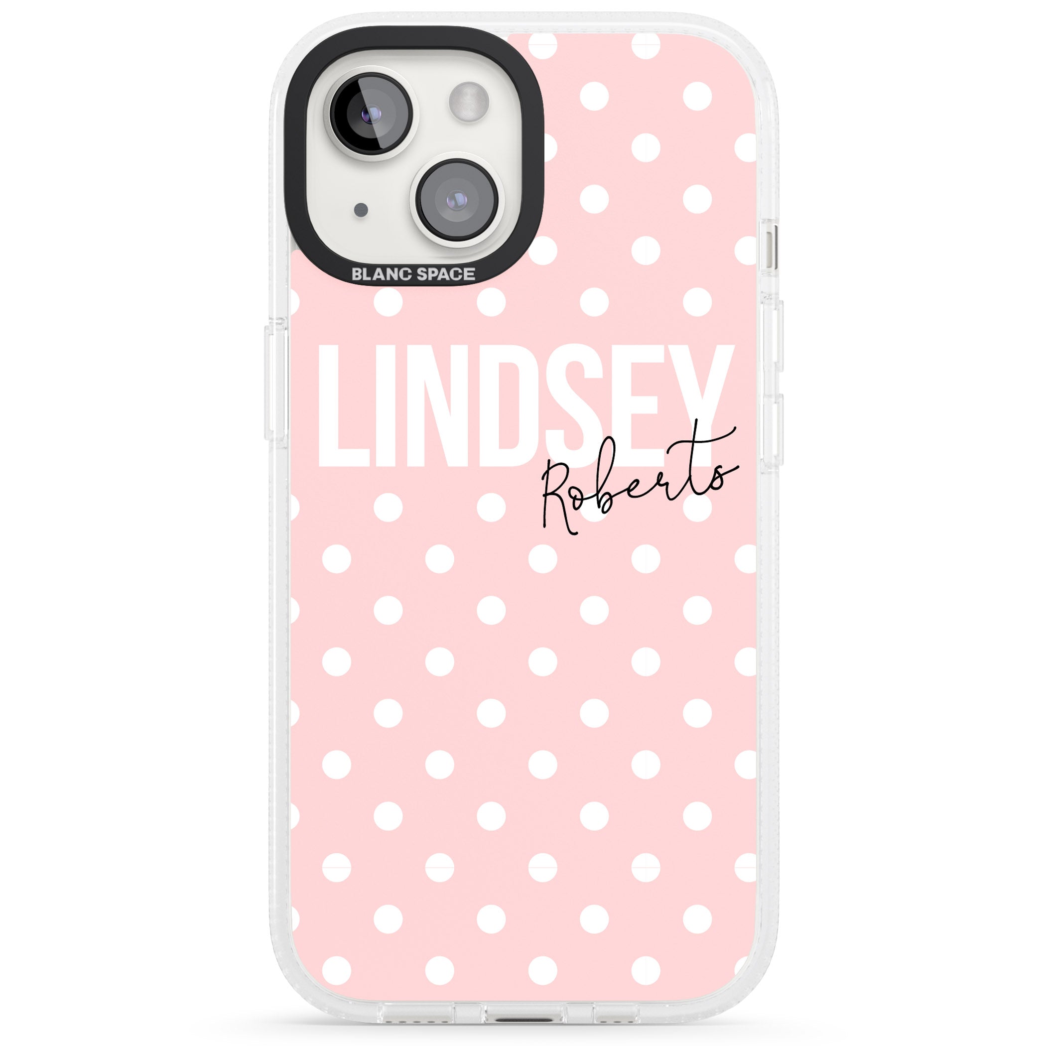 Personalised Pink Polka iPhone 15 / 14 / 13 Clear Case Impact Air - Blanc Space
