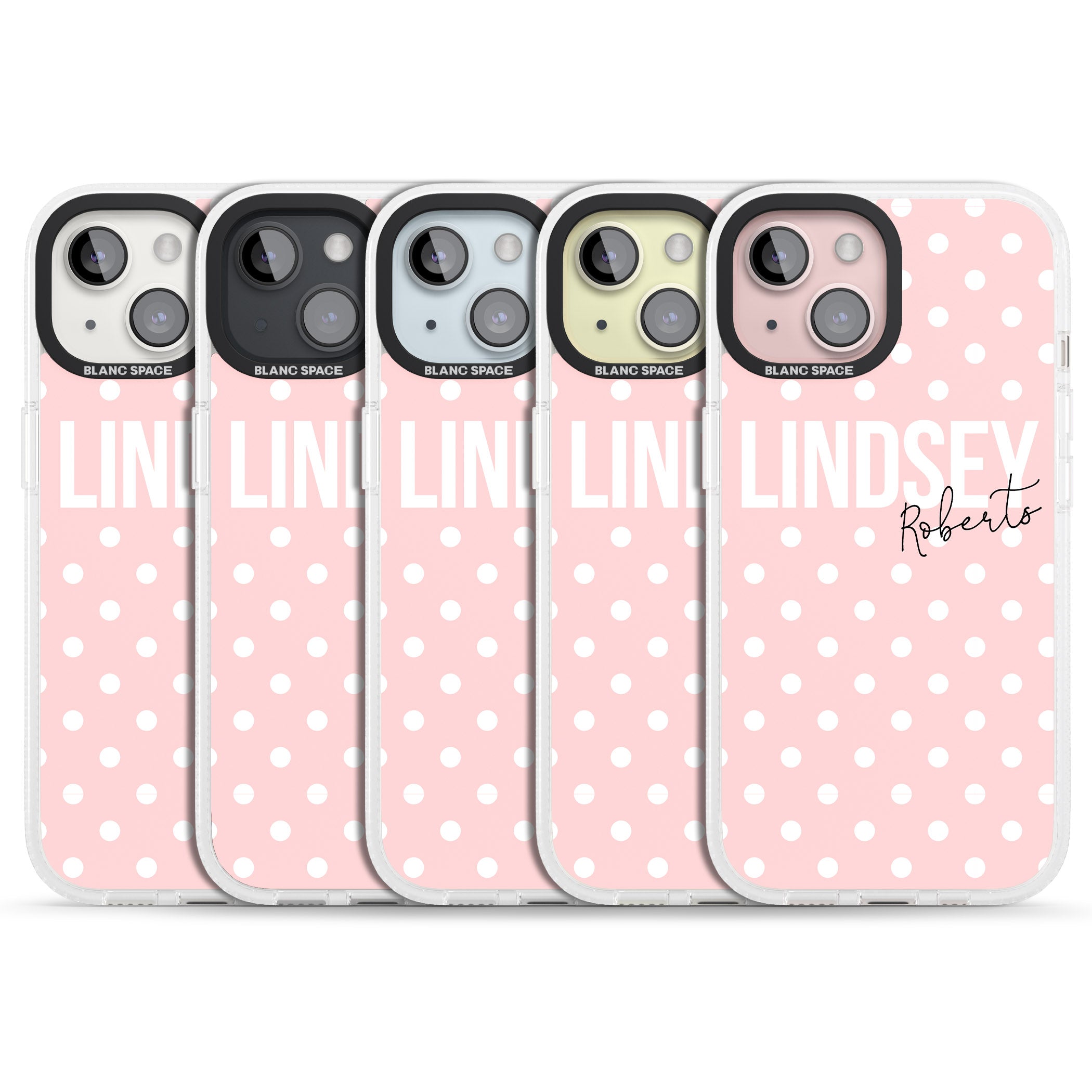 Personalised Pink Polka iPhone 15 / 14 / 13 Clear Case Impact Air - Blanc Space