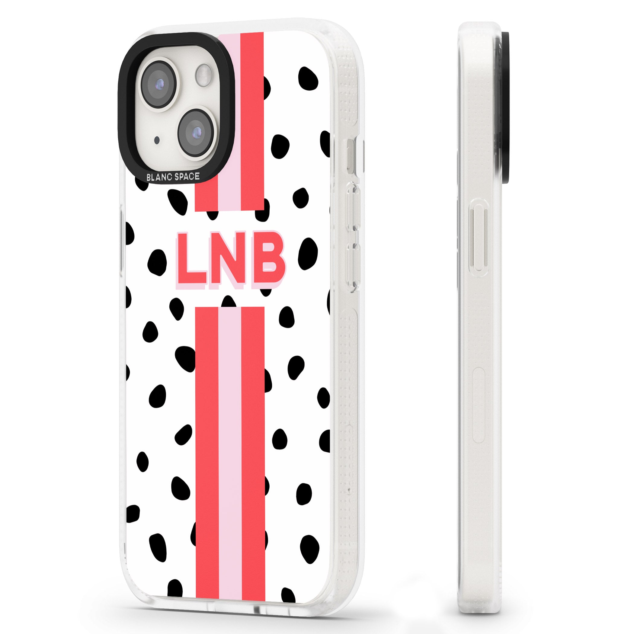 Personalised Polka & Pink Stripe iPhone 15 / 14 / 13 Clear Case Impact Air - Blanc Space