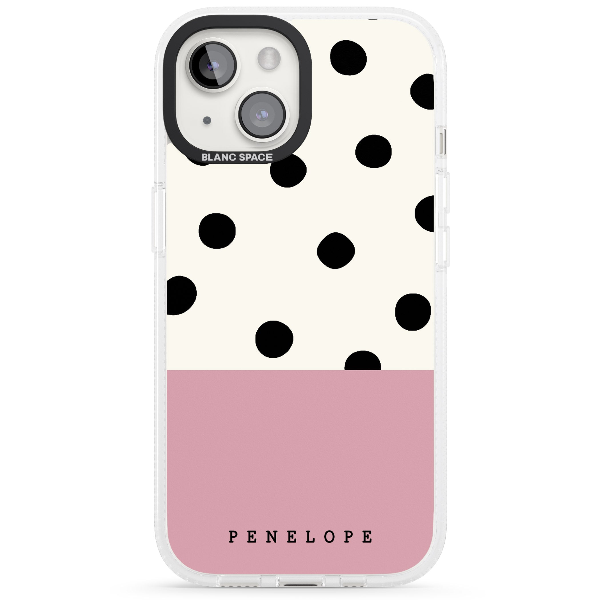 Personalised Pink Border Polka Dot iPhone 15 / 14 / 13 Clear Case Impact Air - Blanc Space