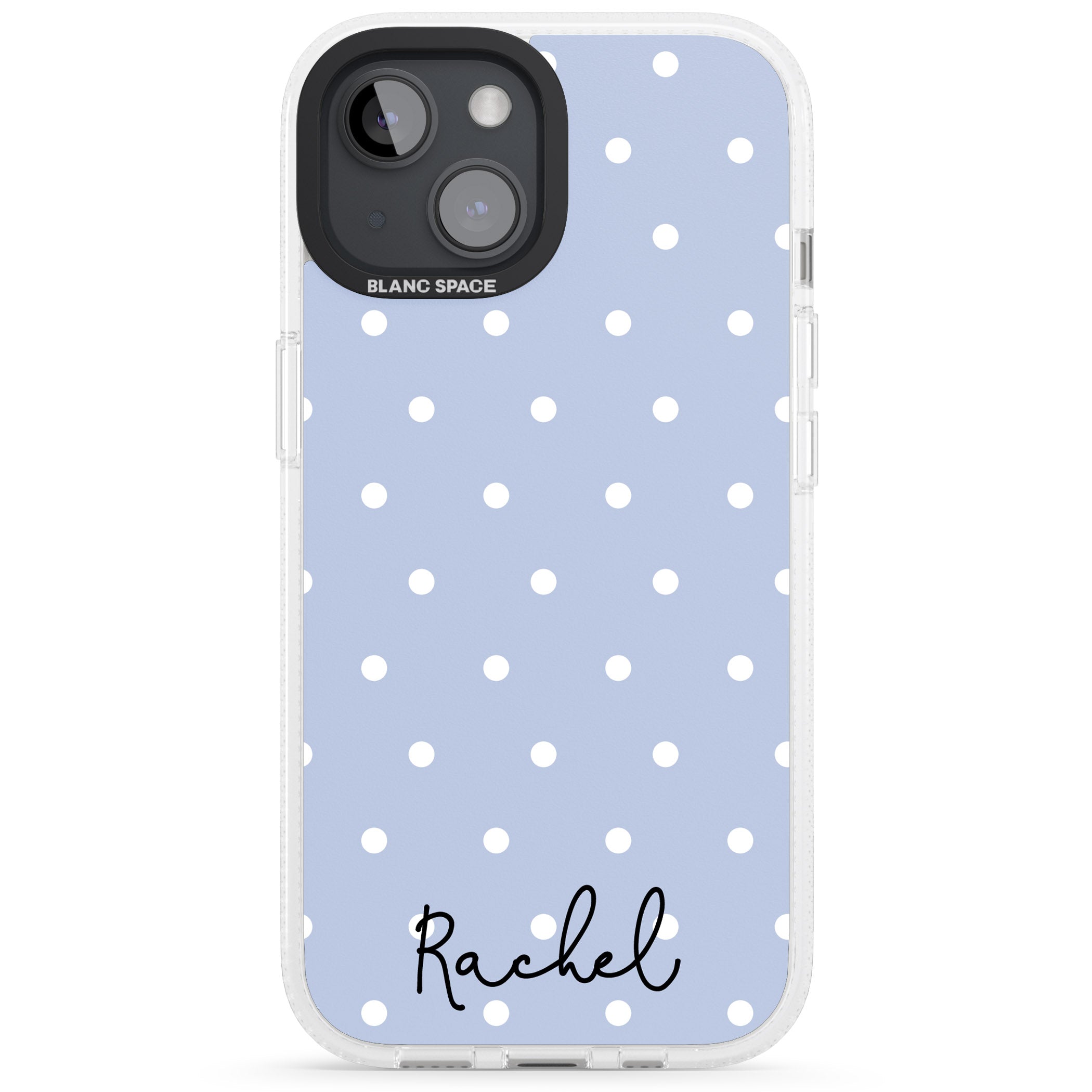 Personalised Simple Light Blue Dots iPhone 15 / 14 / 13 Clear Case Impact Air - Blanc Space