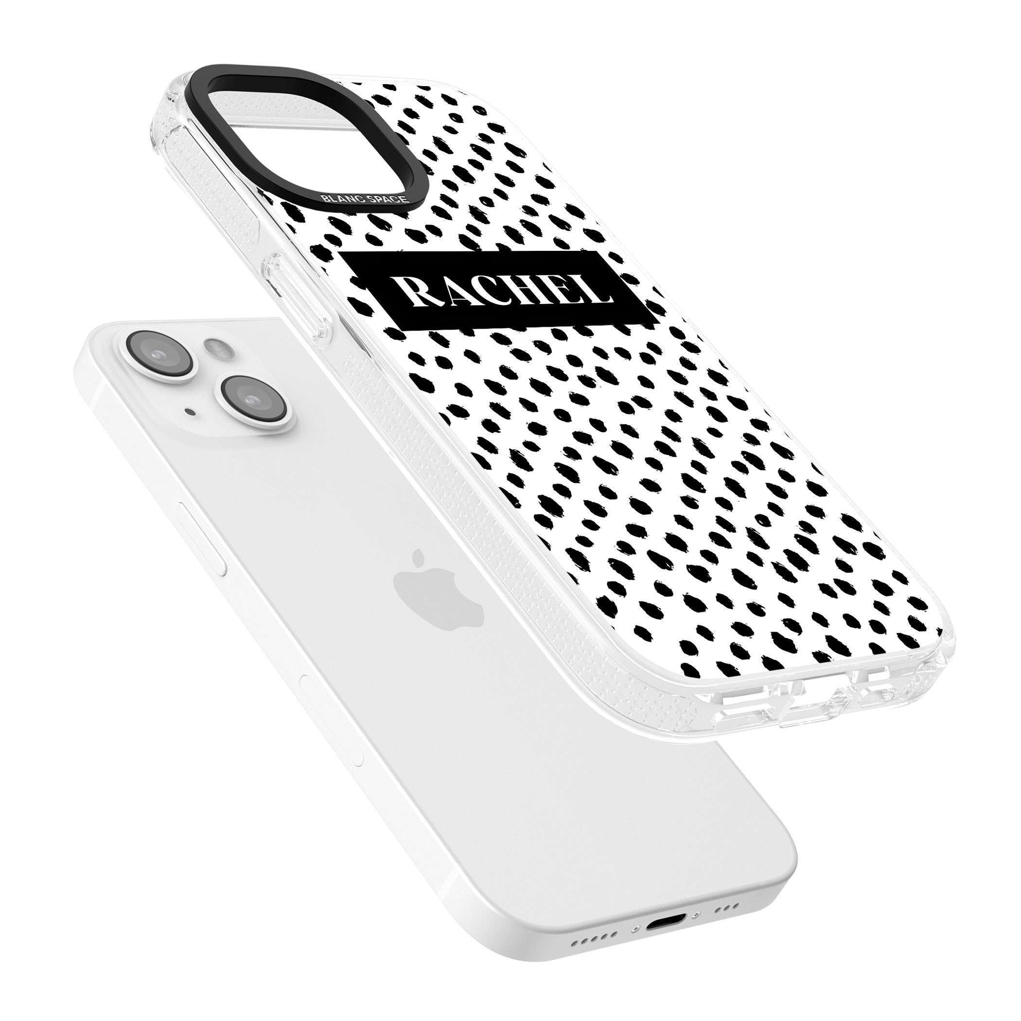 Personalised Black Bar & Dots iPhone 15 / 14 / 13 Clear Case Impact Air - Blanc Space