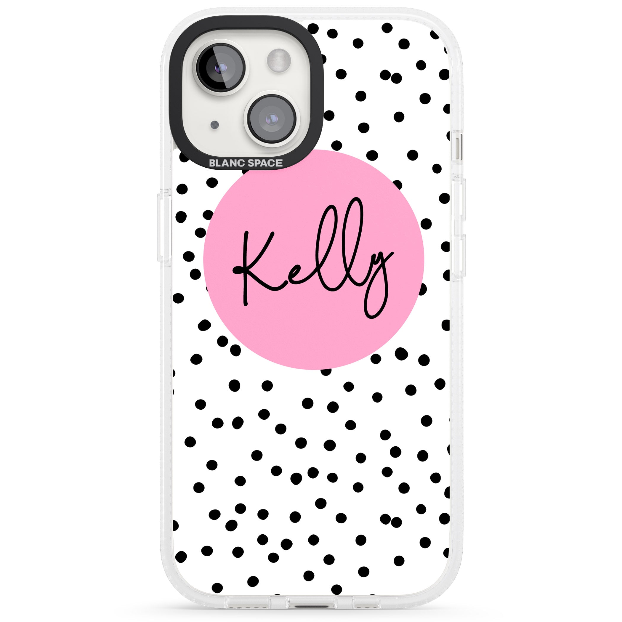 Personalised Pink Circle & Dots iPhone 15 / 14 / 13 Clear Case Impact Air - Blanc Space