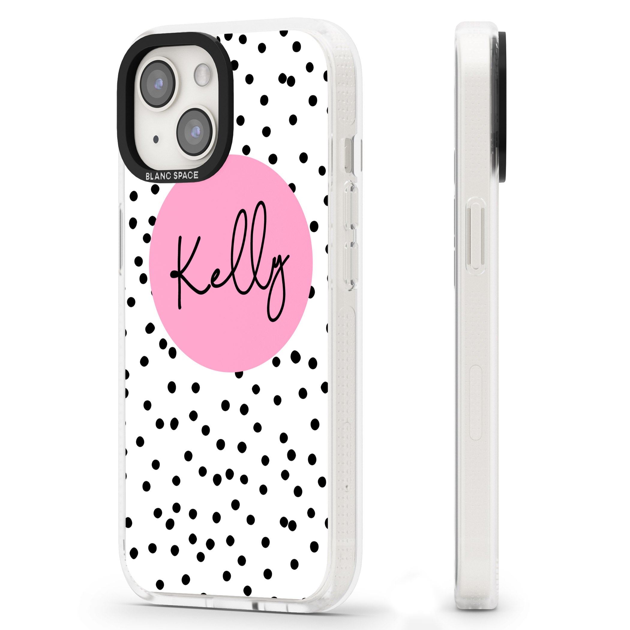 Personalised Pink Circle & Dots iPhone 15 / 14 / 13 Clear Case Impact Air - Blanc Space