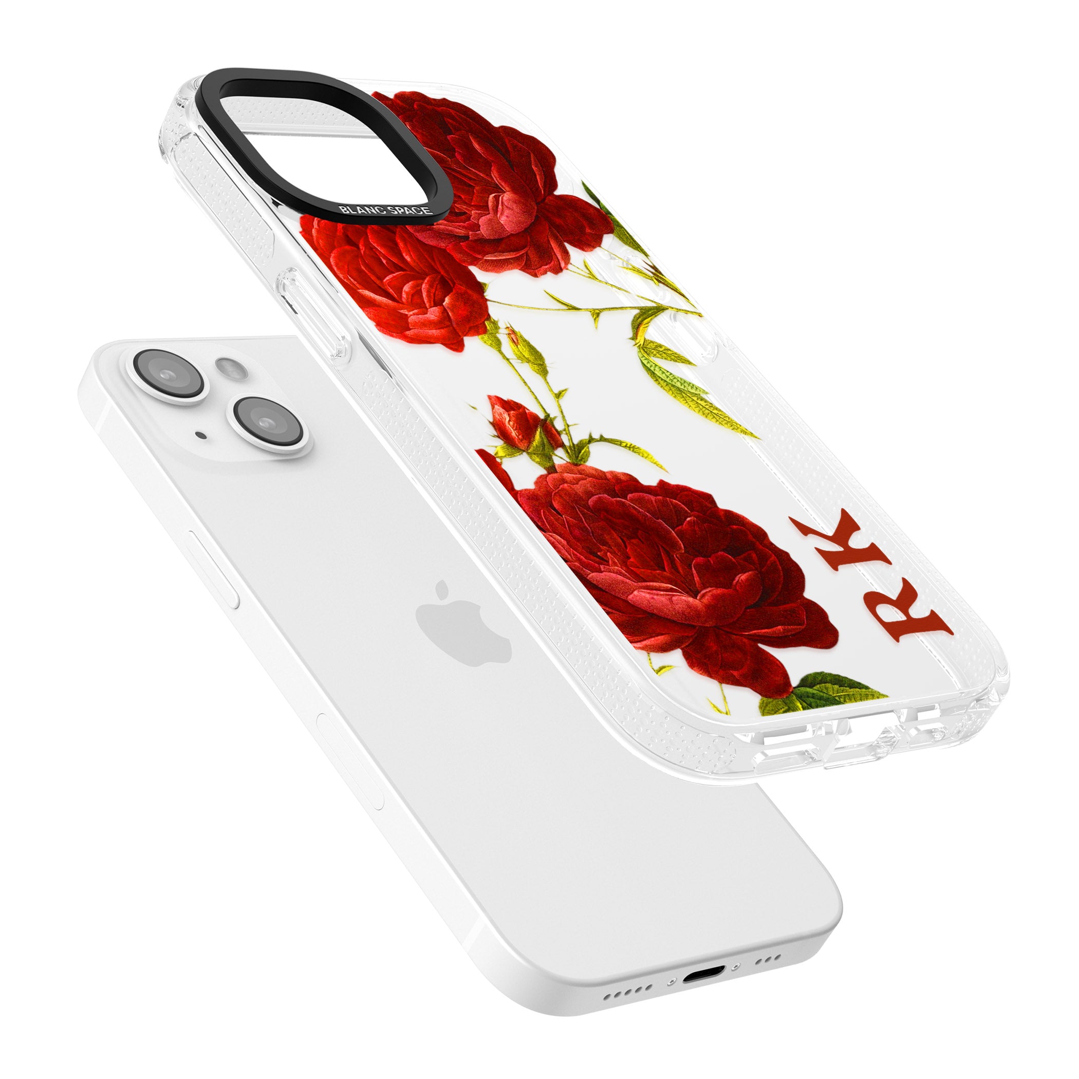 Personalised Clear Vintage Floral Red Roses iPhone 15 / 14 / 13 Clear Case Impact Air - Blanc Space