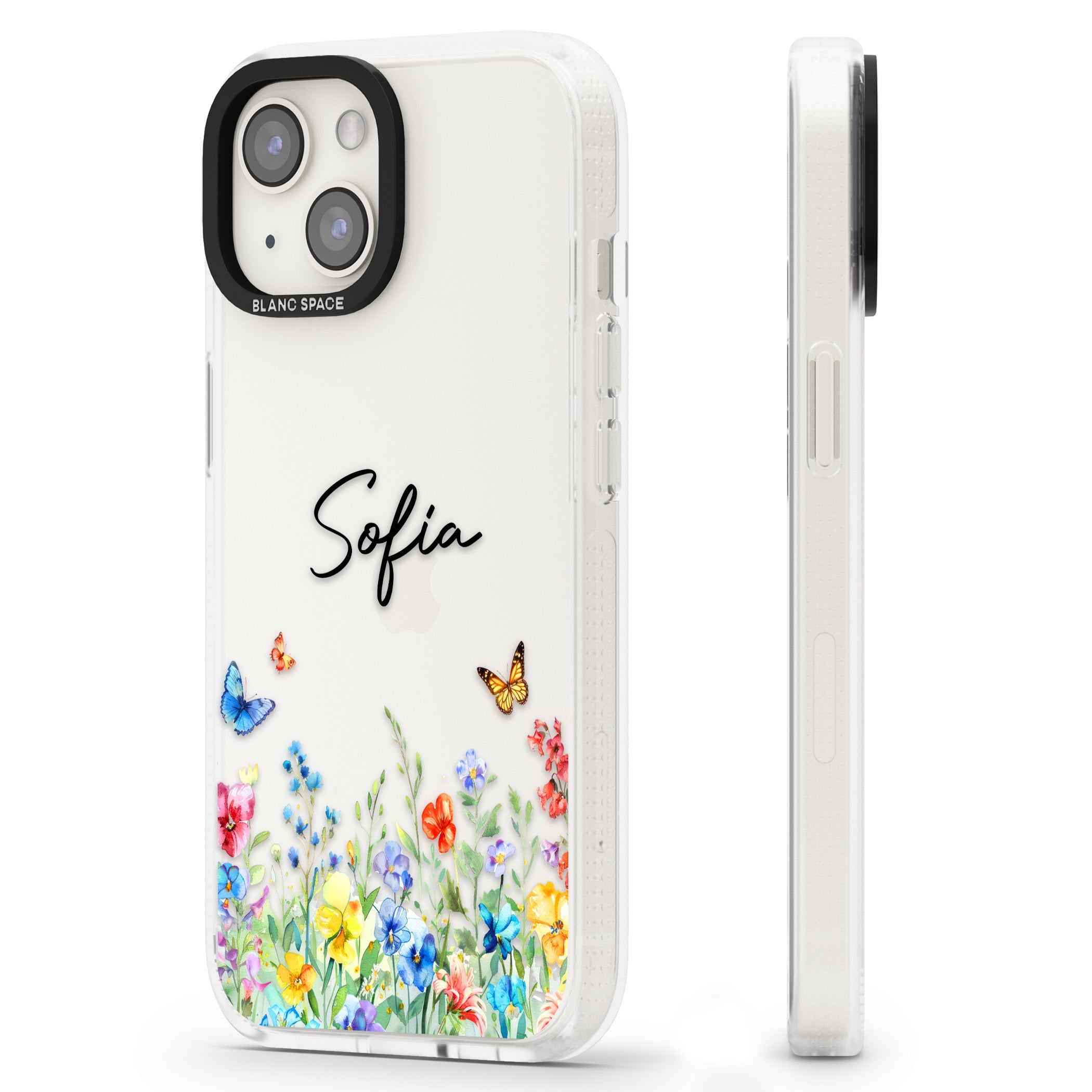 Personalised Butterflies & Wildflowers iPhone 15 / 14 / 13 Clear Case Impact Air - Blanc Space