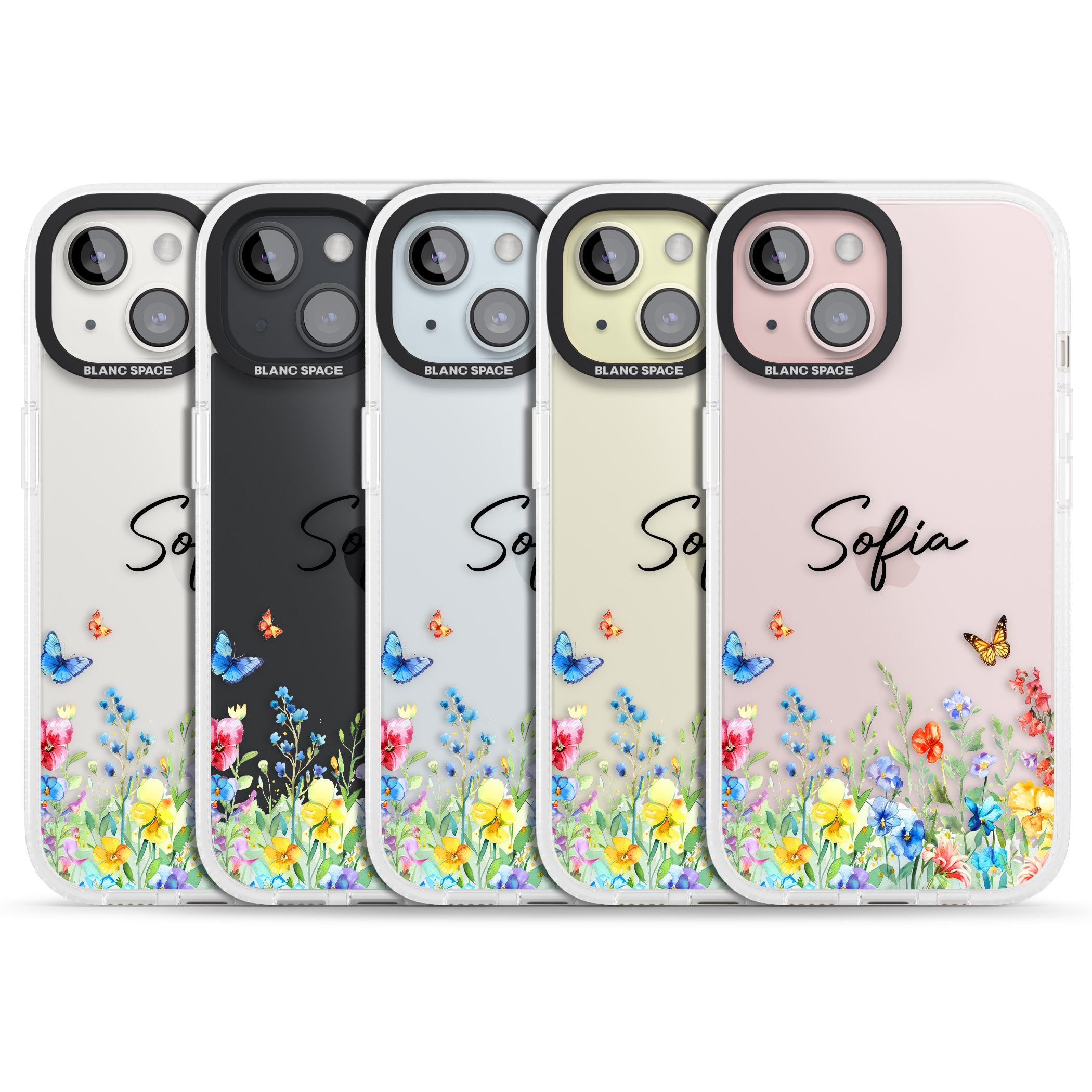 Personalised Butterflies & Wildflowers iPhone 15 / 14 / 13 Clear Case Impact Air - Blanc Space