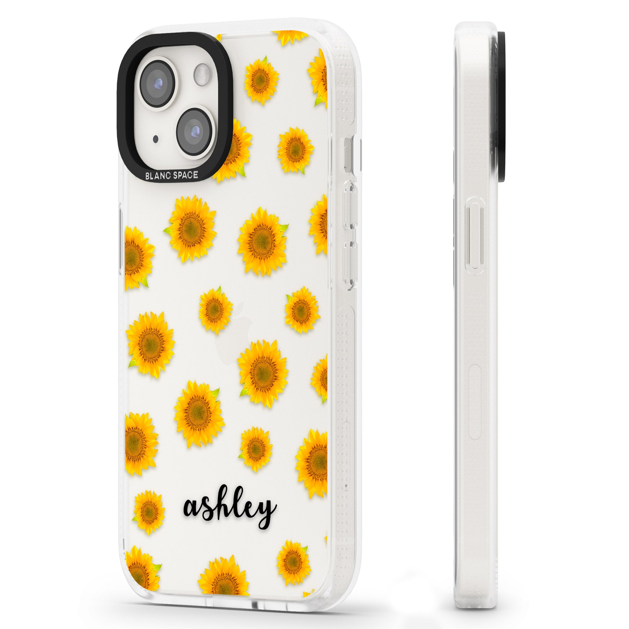 Personalised Sunflowers & Cursive iPhone 15 / 14 / 13 Clear Case Impact Air - Blanc Space