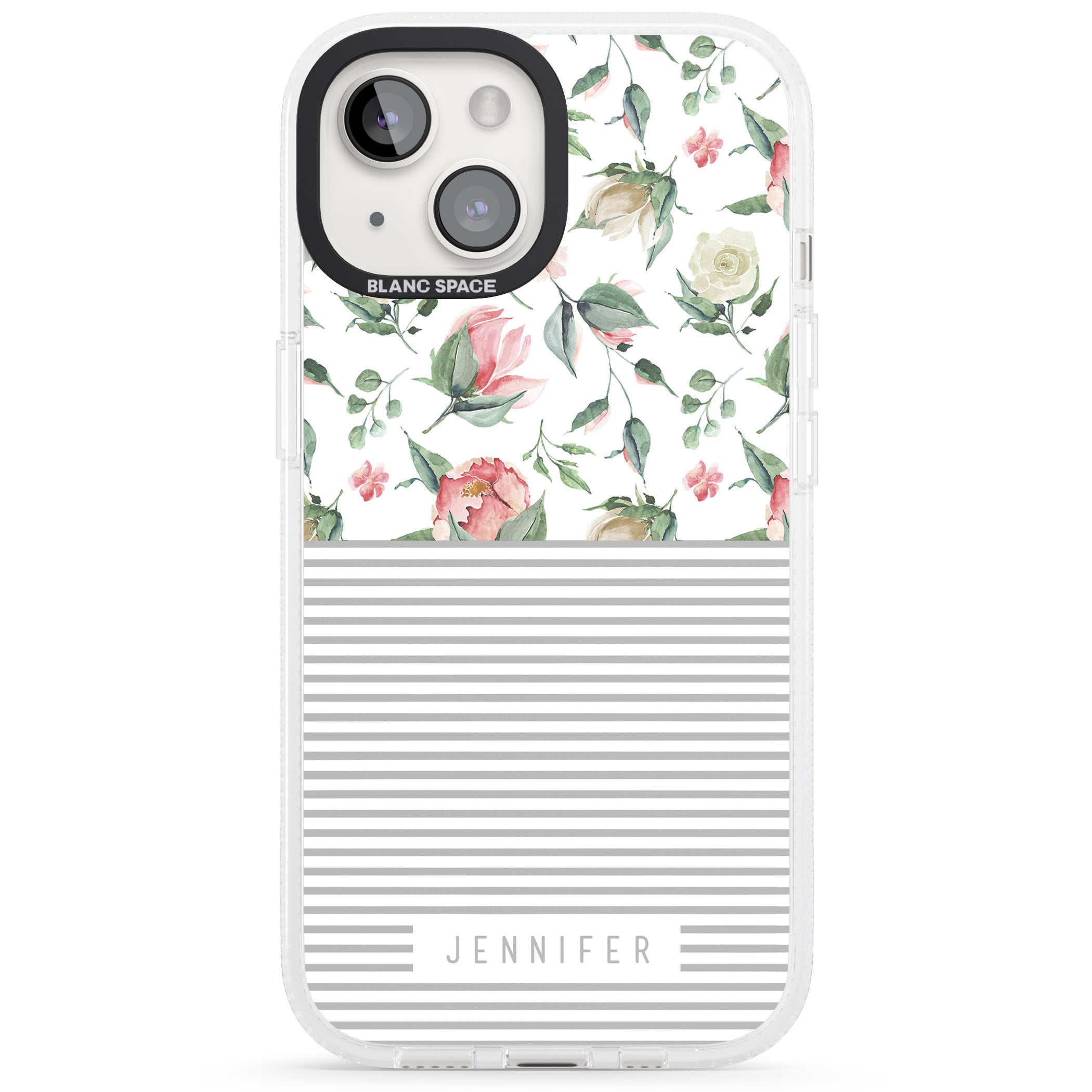 Personalised Light Floral Pattern & Stripes iPhone 15 / 14 / 13 Clear Case Impact Air - Blanc Space
