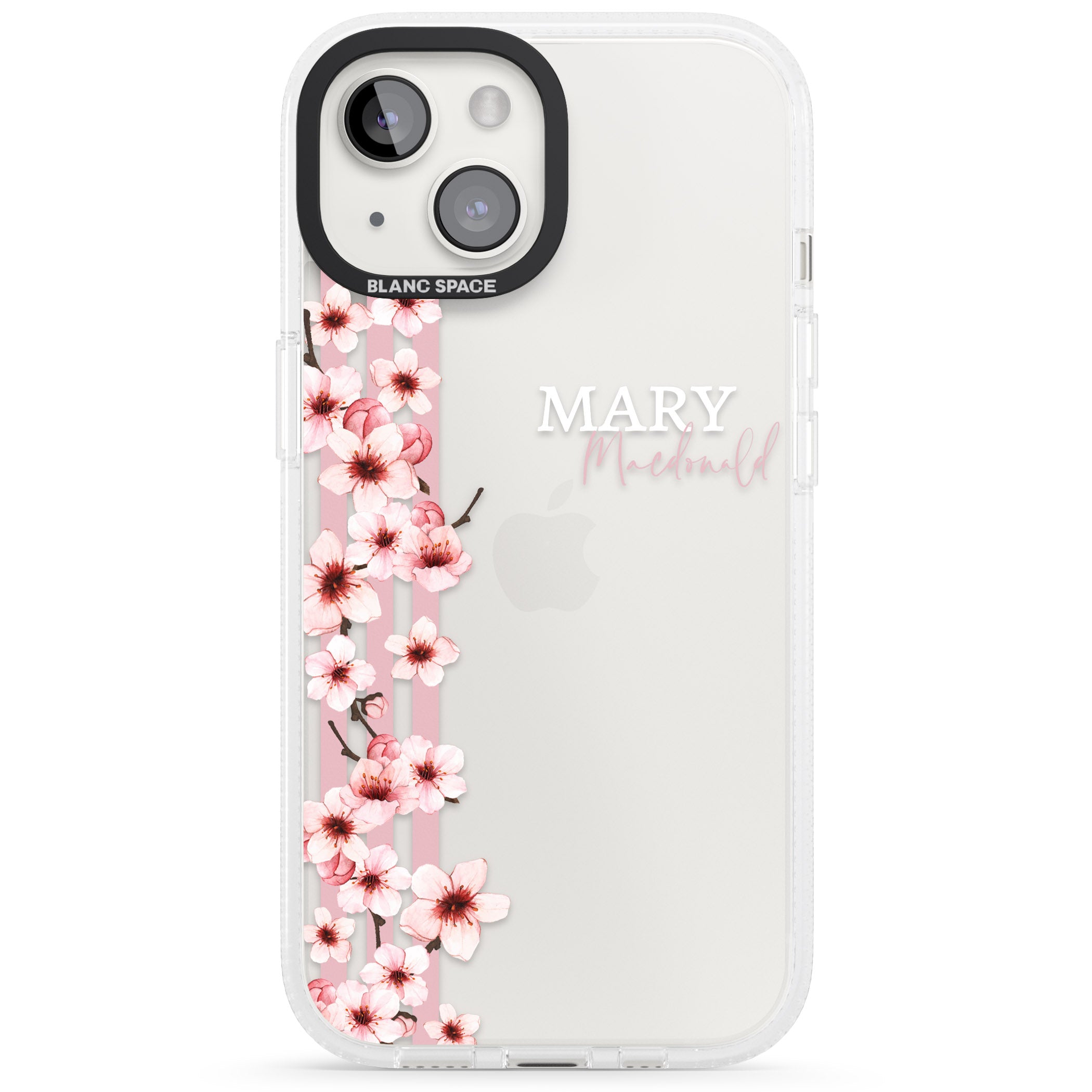 Personalised Cherry Blossoms & Stripes iPhone 15 / 14 / 13 Clear Case Impact Air - Blanc Space