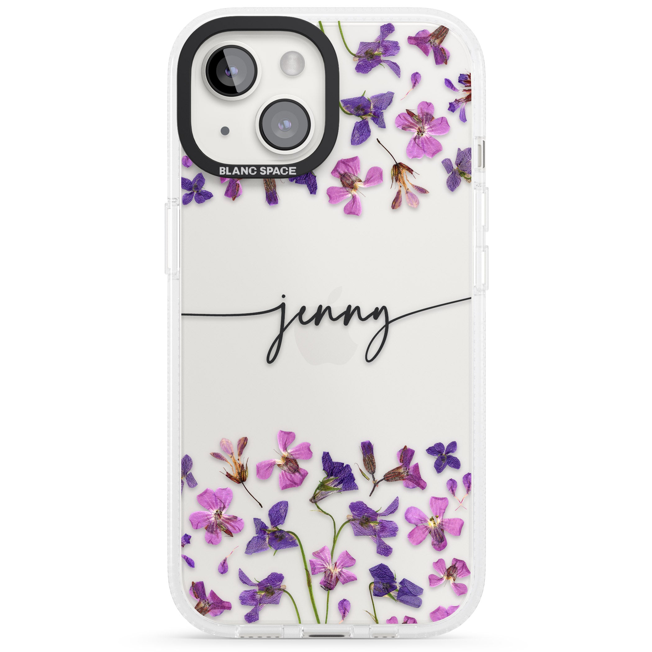 Personalised Purple Violets iPhone 15 / 14 / 13 Clear Case Impact Air - Blanc Space