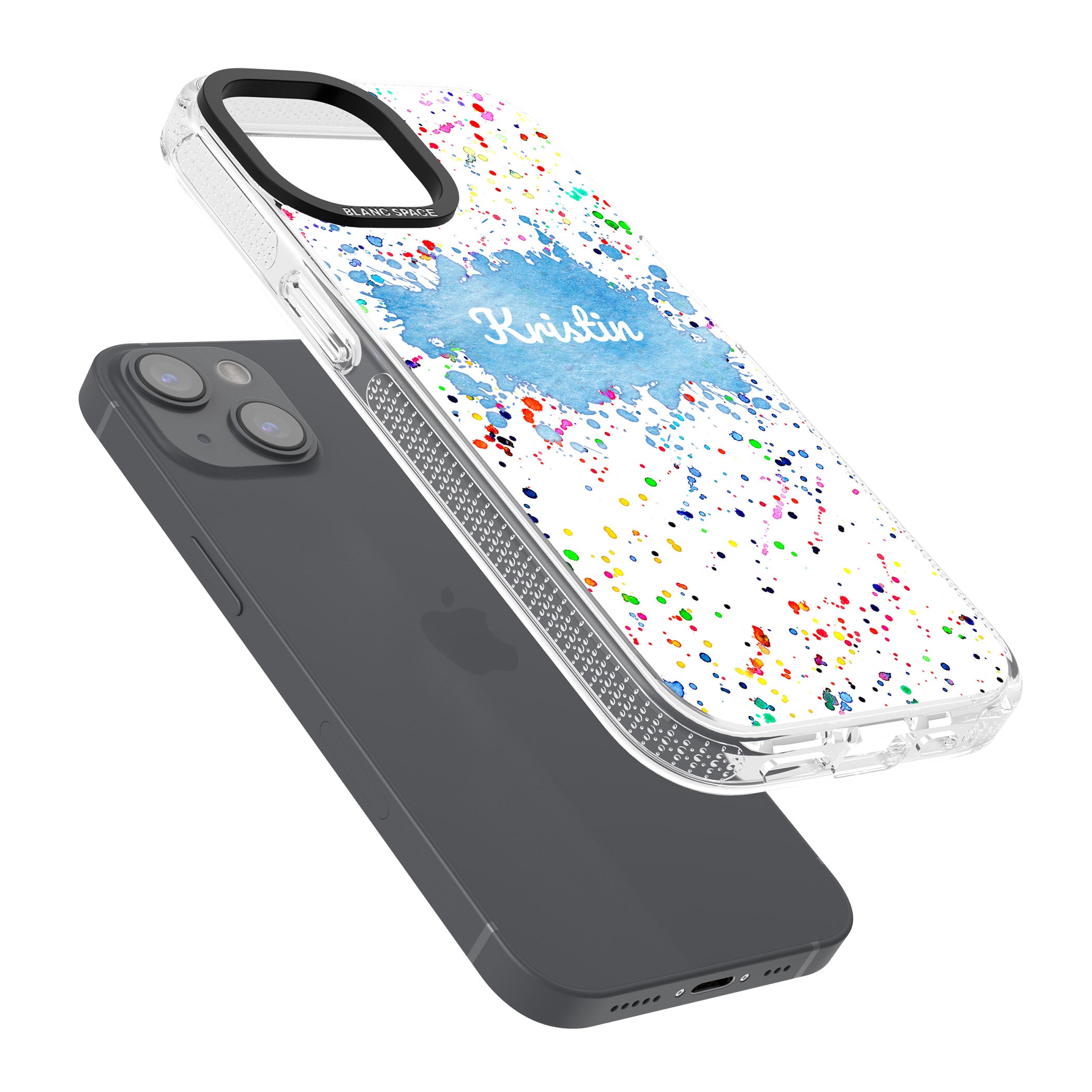 Personalised Rainbow Paint Splatter iPhone 15 / 14 / 13 Clear Case Impact Air - Blanc Space