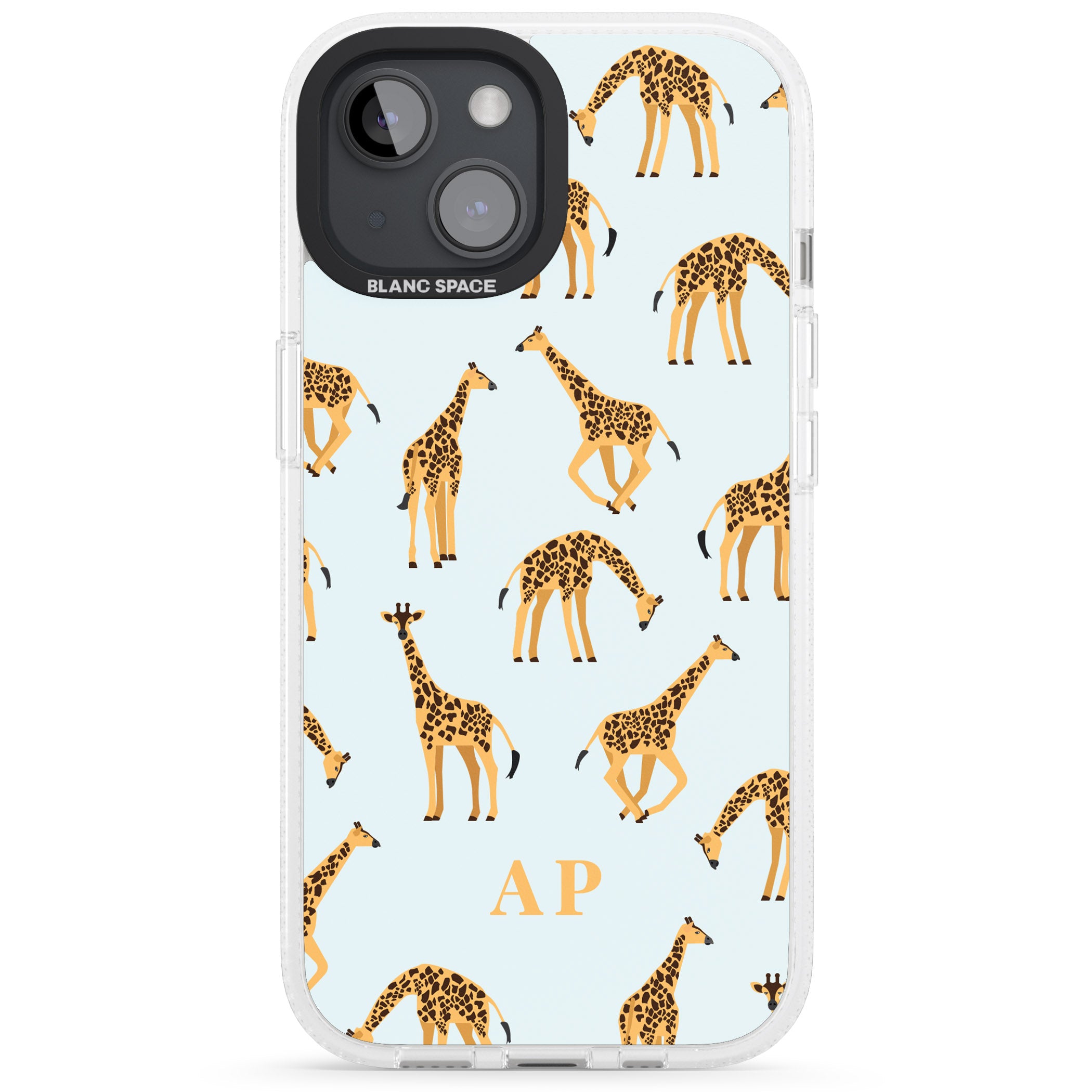 Personalised Safari Giraffe Pattern on Blue iPhone 15 / 14 / 13 Clear Case Impact Air - Blanc Space