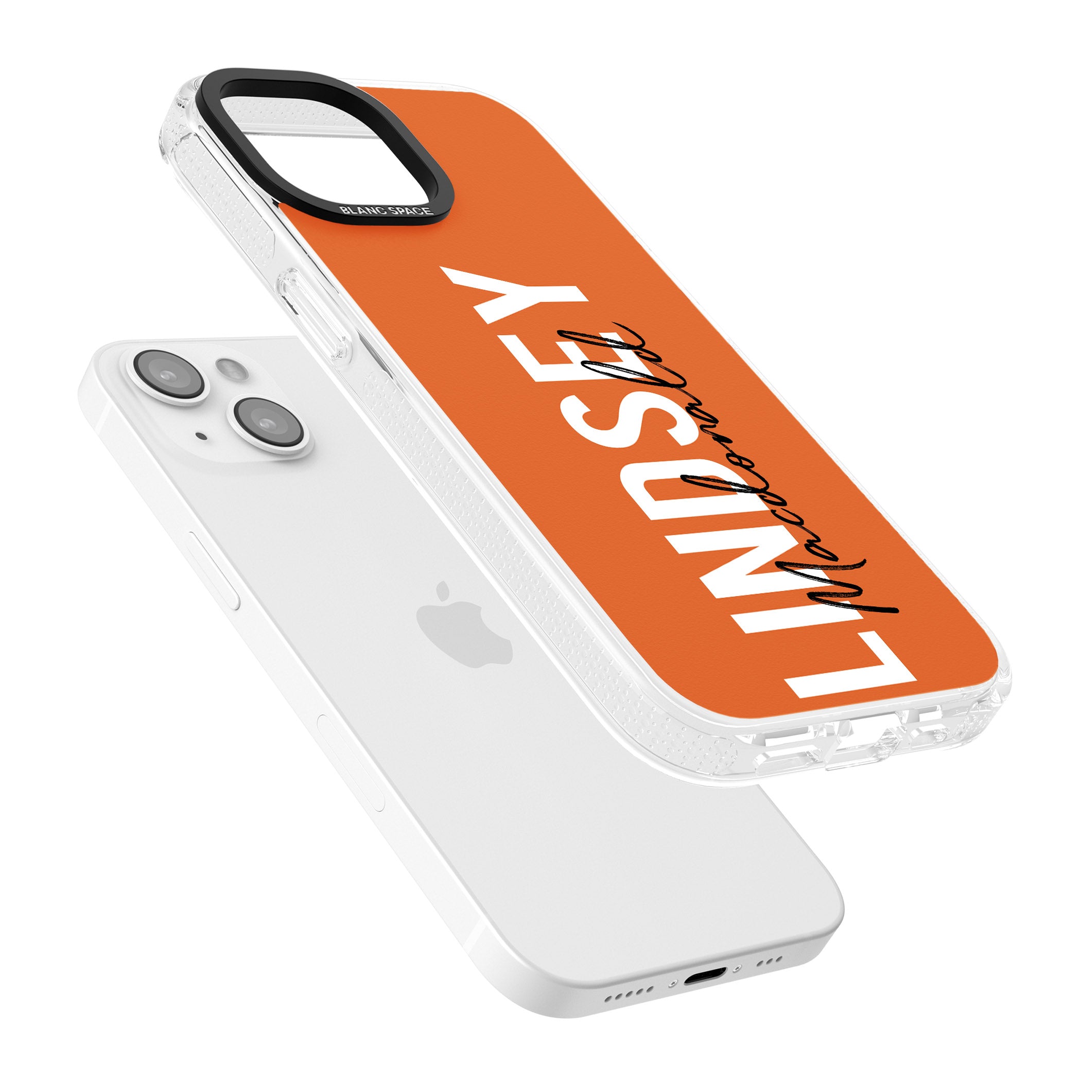 Personalised Bold Name: Orange iPhone 15 / 14 / 13 Clear Case Impact Air - Blanc Space
