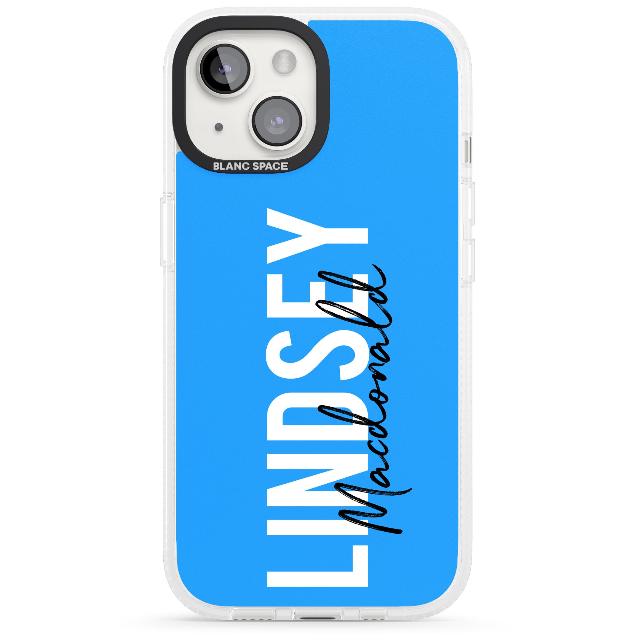 Personalised Bold Name: Blue iPhone 15 / 14 / 13 Clear Case Impact Air - Blanc Space