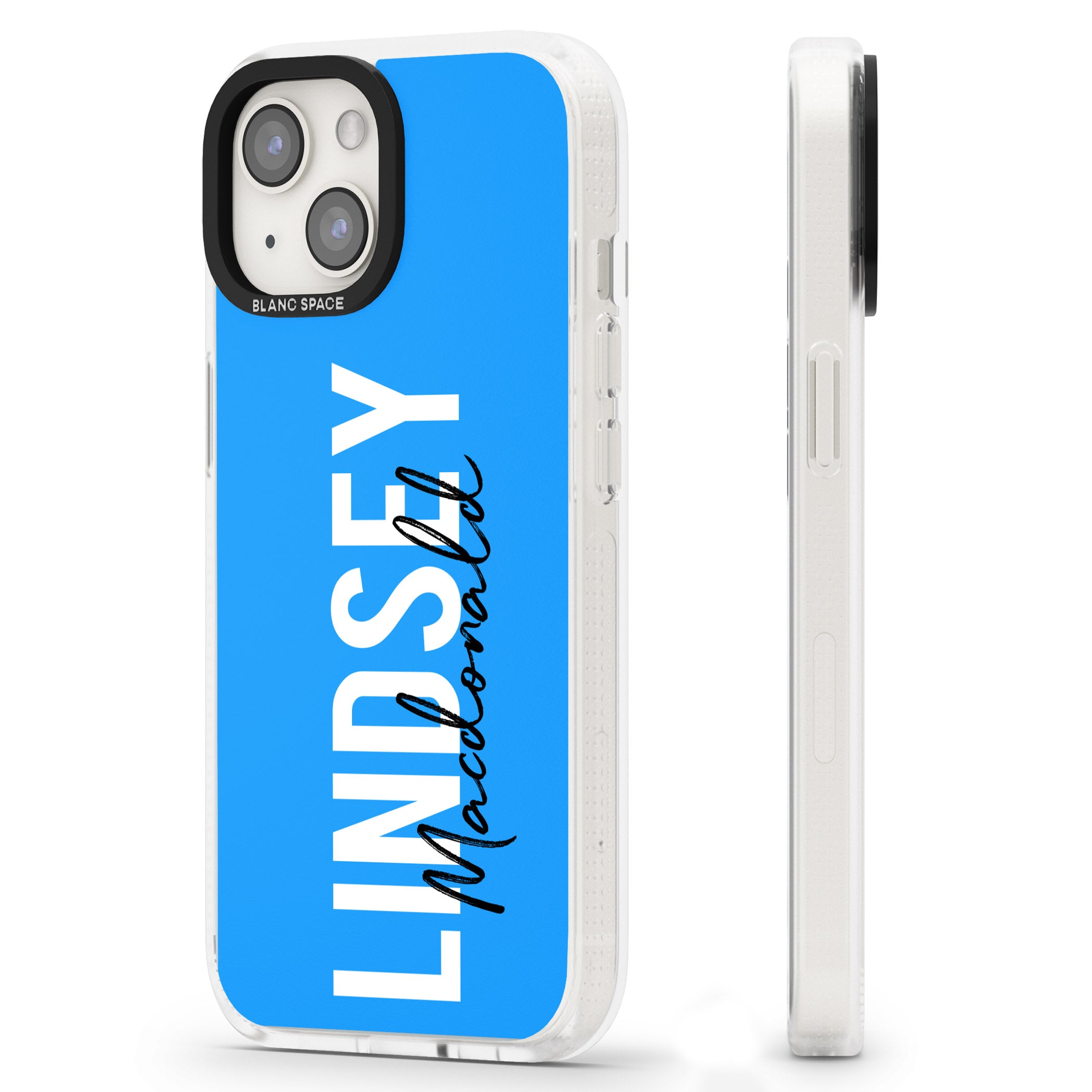 Personalised Bold Name: Blue iPhone 15 / 14 / 13 Clear Case Impact Air - Blanc Space