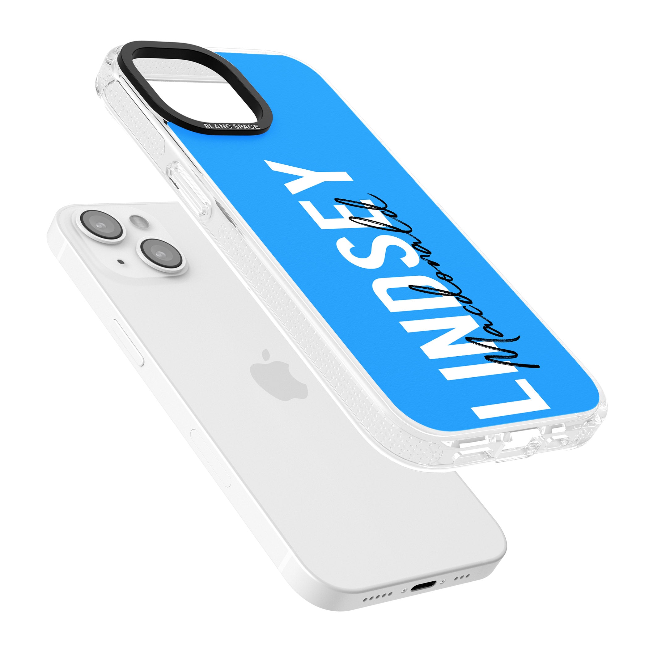 Personalised Bold Name: Blue iPhone 15 / 14 / 13 Clear Case Impact Air - Blanc Space