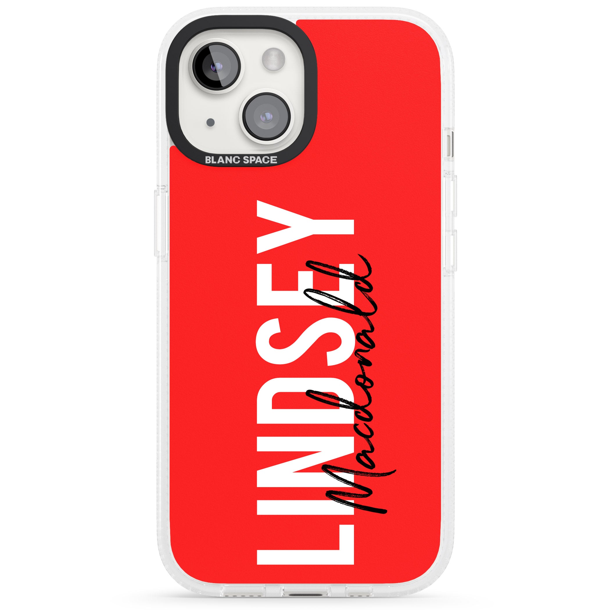 Personalised Bold Name: Red iPhone 15 / 14 / 13 Clear Case Impact Air - Blanc Space