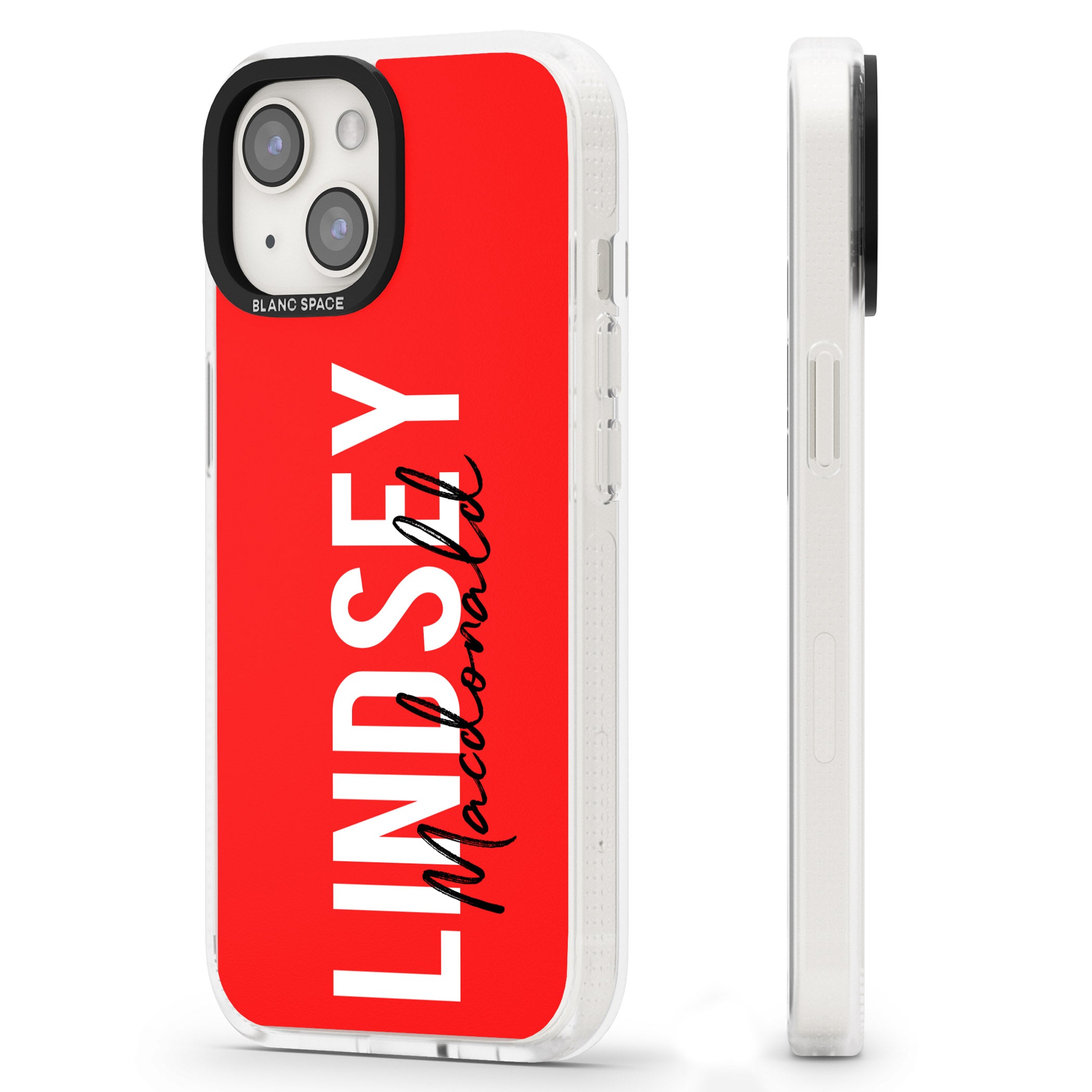 Personalised Bold Name: Red iPhone 15 / 14 / 13 Clear Case Impact Air - Blanc Space