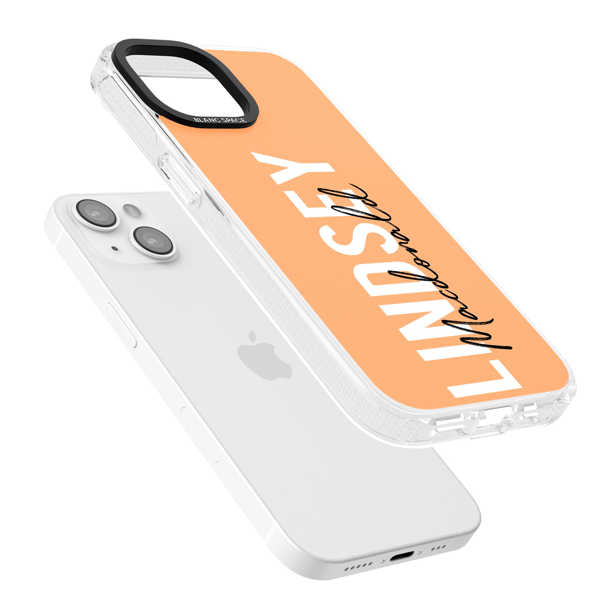 Personalised Bold Name: Peach iPhone 15 / 14 / 13 Clear Case Impact Air - Blanc Space