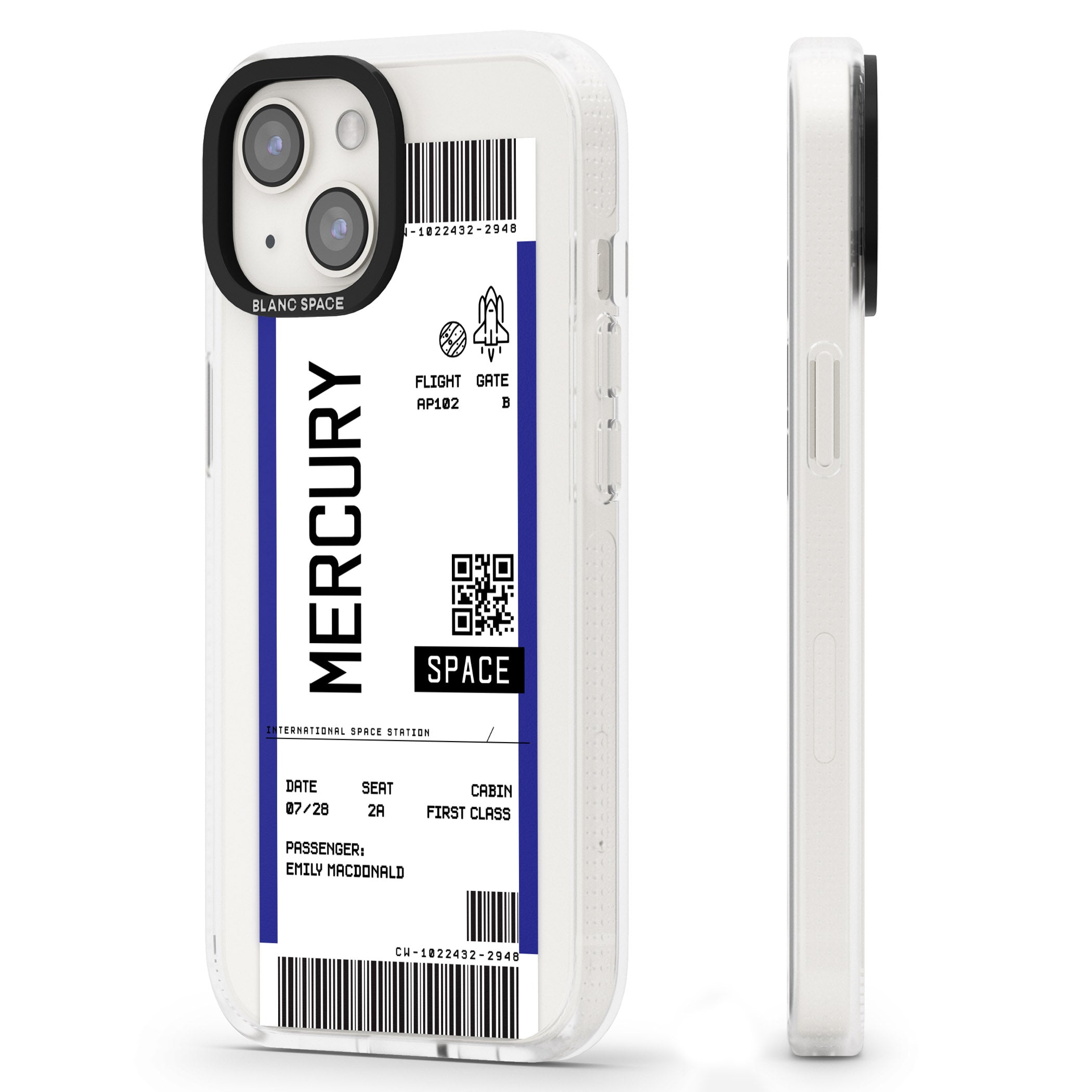 Personalised Mercury Space Travel Ticket iPhone 15 / 14 / 13 Clear Case Impact Air - Blanc Space