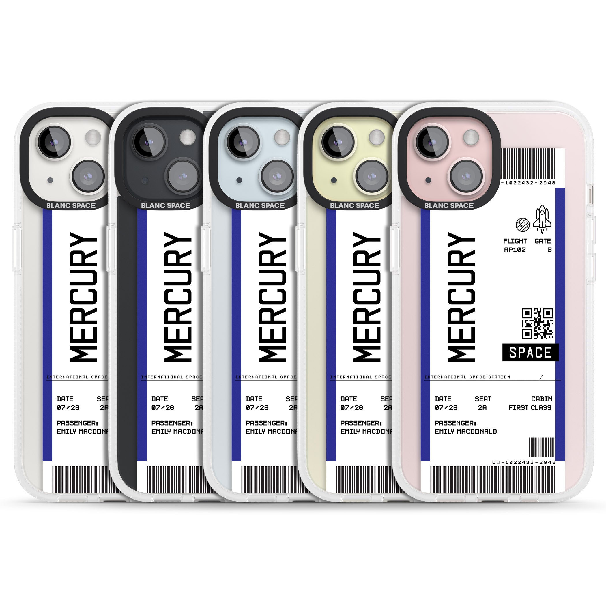 Personalised Mercury Space Travel Ticket iPhone 15 / 14 / 13 Clear Case Impact Air - Blanc Space
