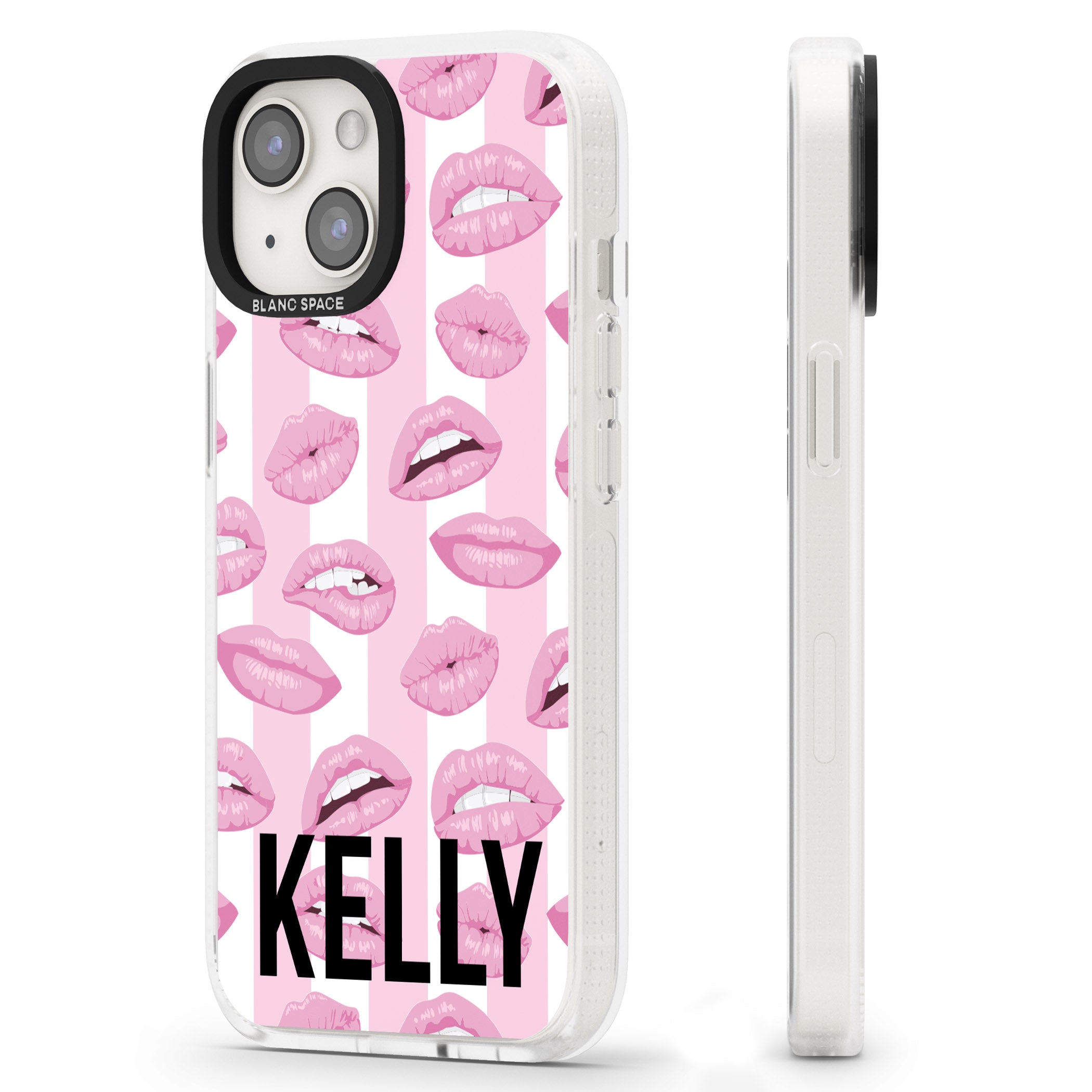 Personalised Pink Stripes & Lips iPhone 15 / 14 / 13 Clear Case Impact Air - Blanc Space