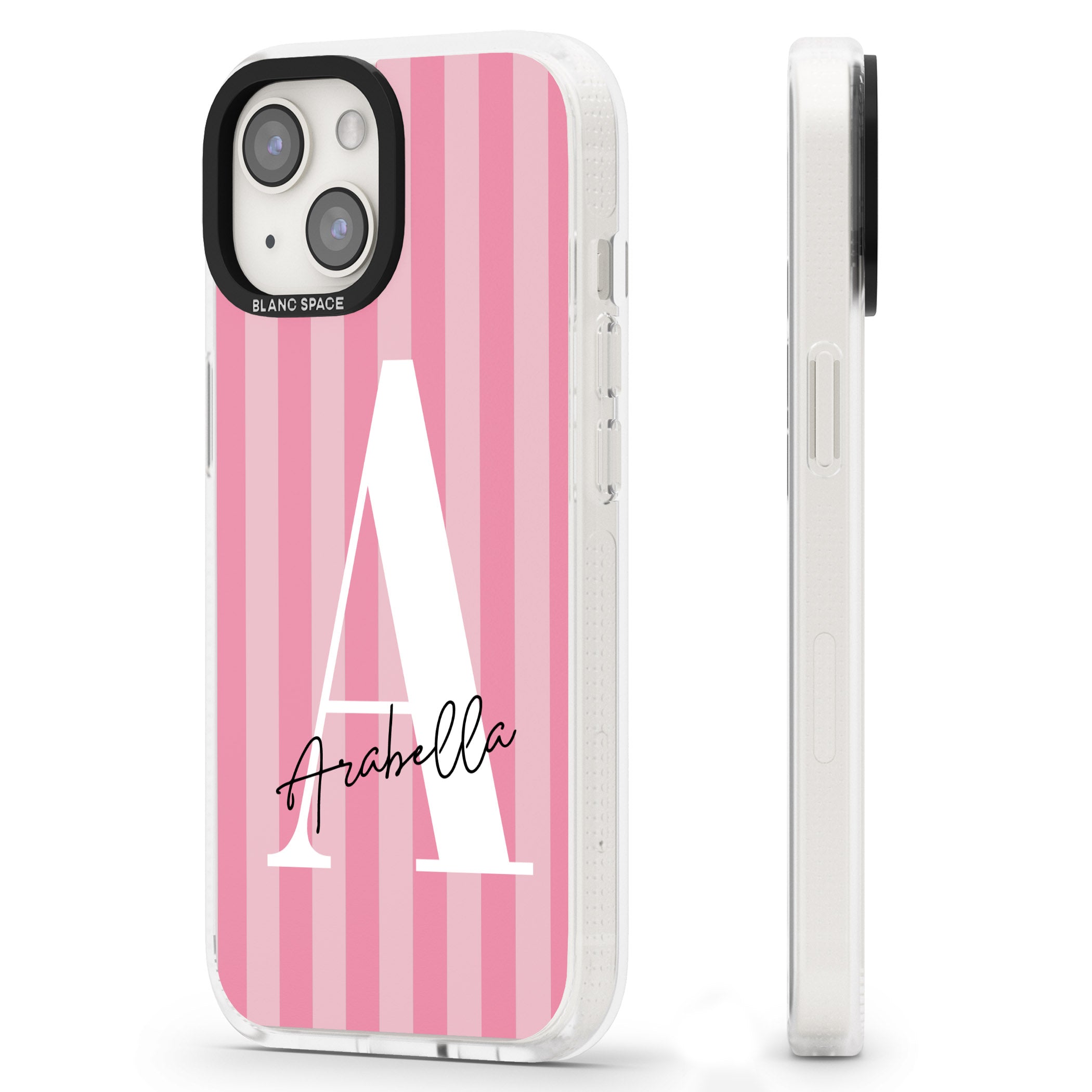 Personalised Pink on Pink Stripes iPhone 15 / 14 / 13 Clear Case Impact Air - Blanc Space