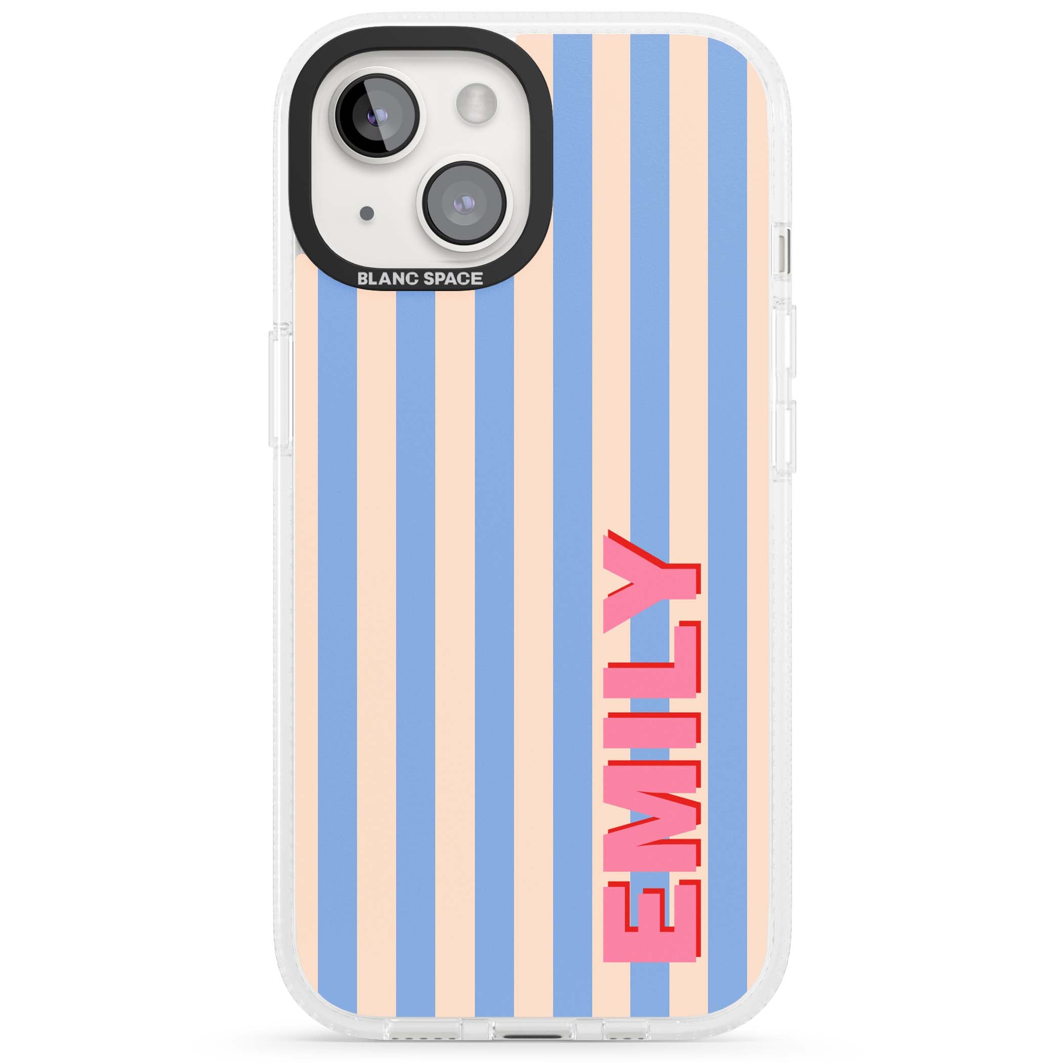 Coastal Stripe personalised coastal iPhone case with blue and peach vertical stripes and custom pink name | Clear Case Impact Air case for iPhone 15, iPhone 15 Plus