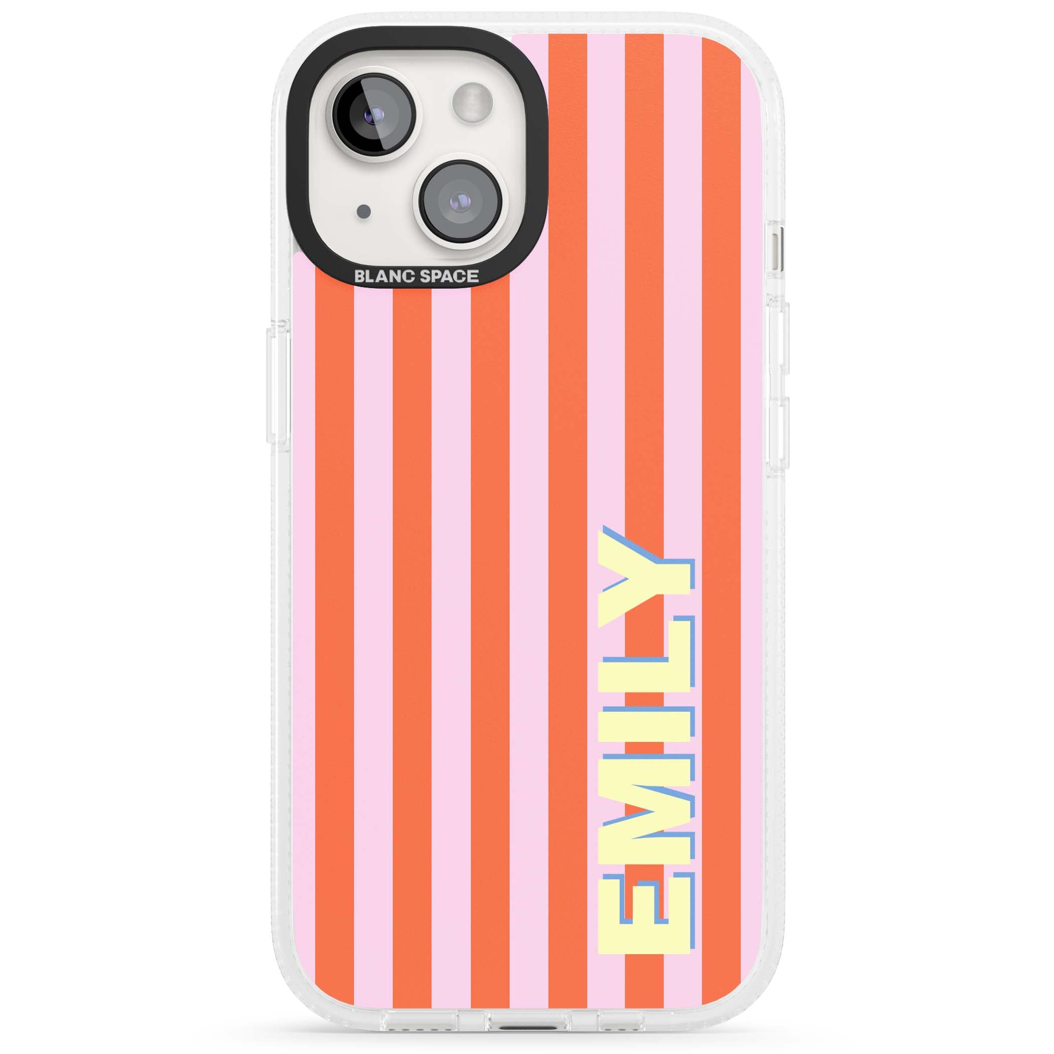 Havana Stripe personalised iPhone case featuring pink and orange vertical stripes with a custom yellow name | Clear Case Impact Air case for iPhone 15, iPhone 15 Plus