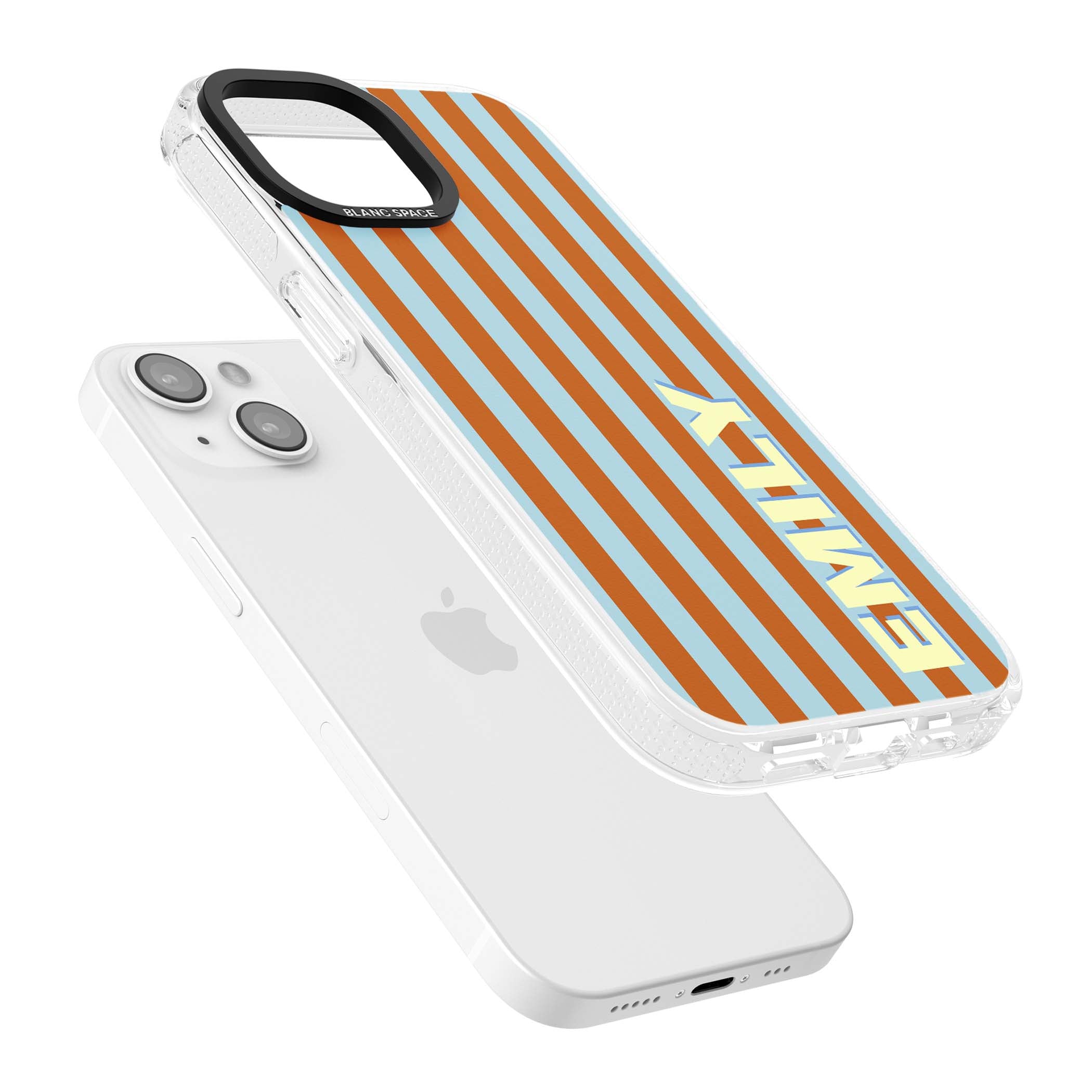 Cappadocia Stripe personalised coastal iPhone case featuring blue and orange vertical stripes with custom cream name | Clear Case Impact Air case for iPhone 15, iPhone 15 Plus