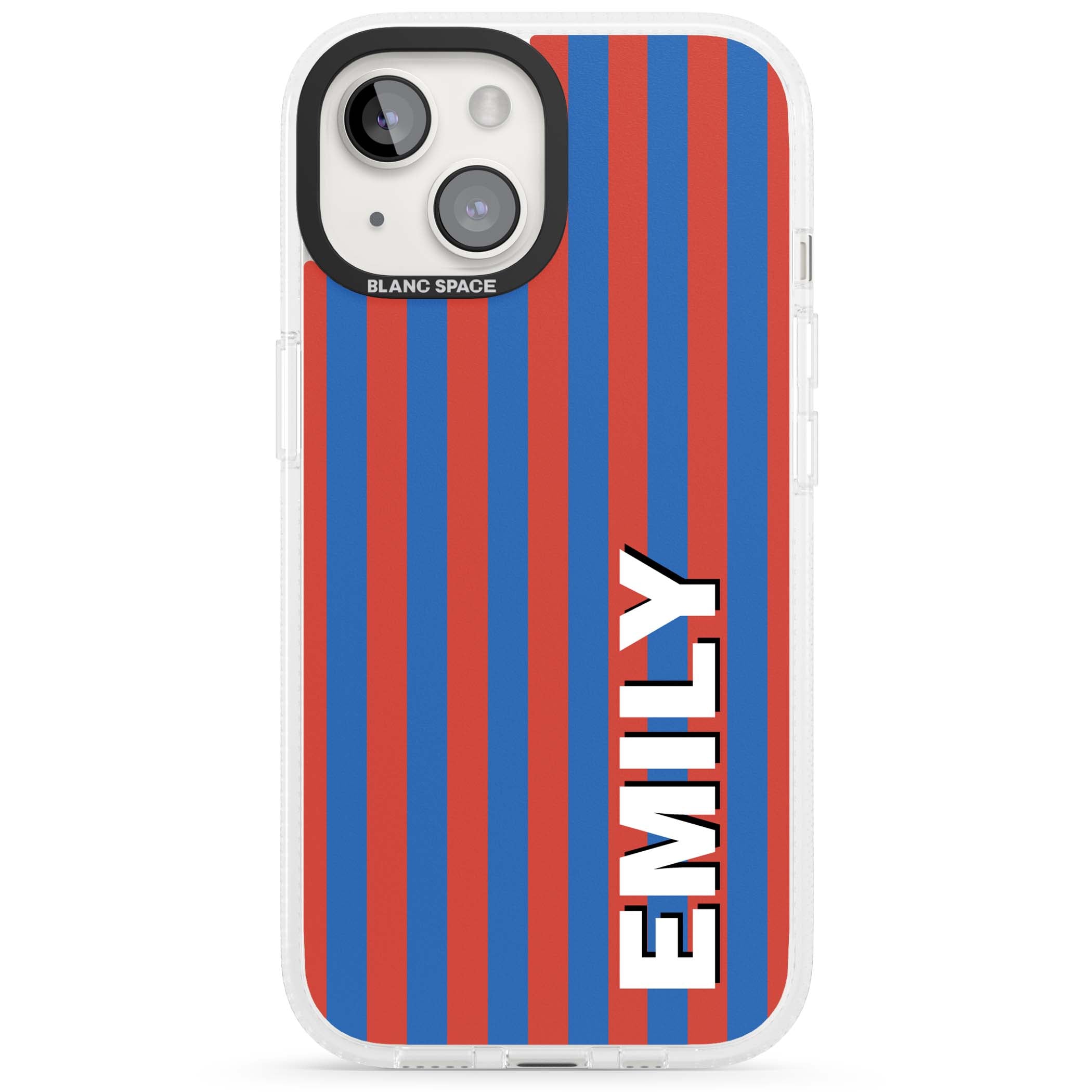 Cuban Stripe personalised iPhone case featuring red and blue vertical stripes with custom name in bold white letters | Clear Case Impact Air case for iPhone 15, iPhone 15 Plus