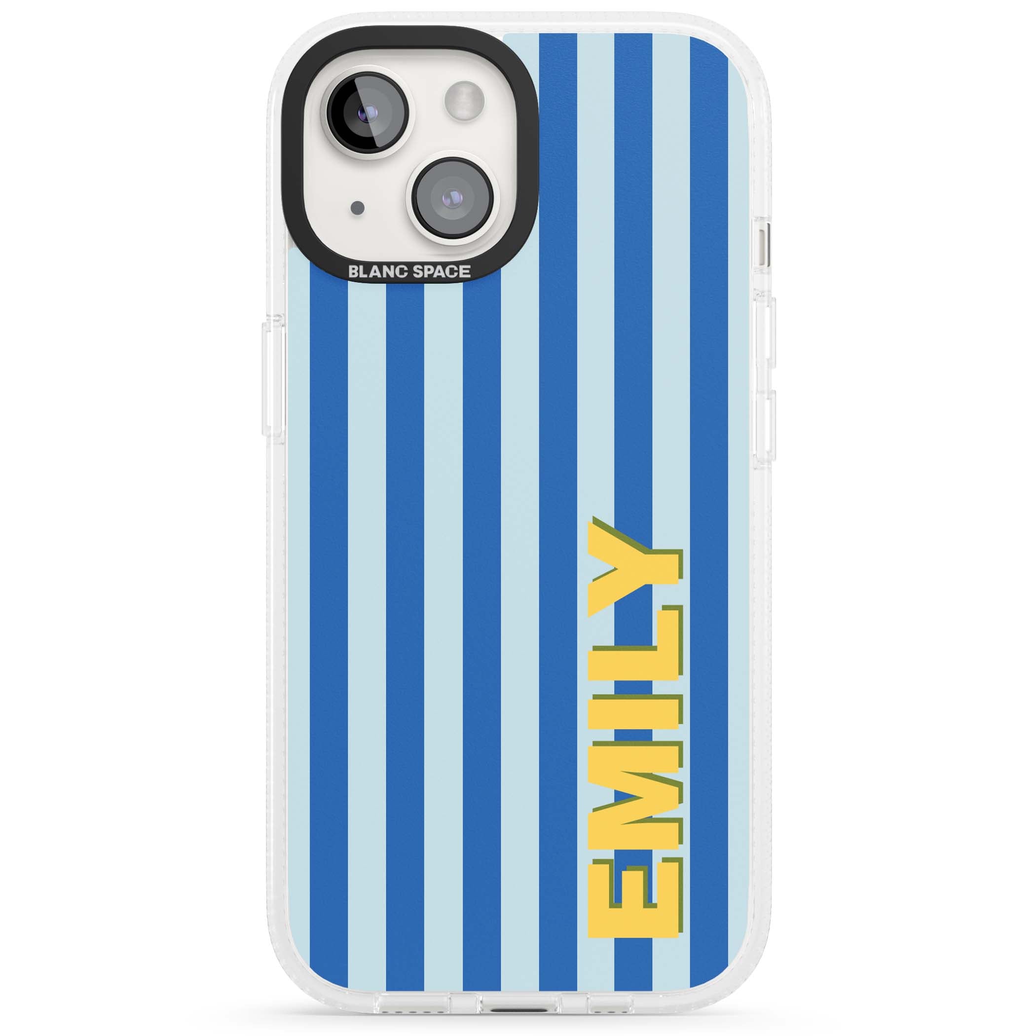 Athenian Stripe personalised preppy iPhone case featuring blue vertical stripes and a custom yellow name | Clear Case Impact Air case for iPhone 15, iPhone 15 Plus
