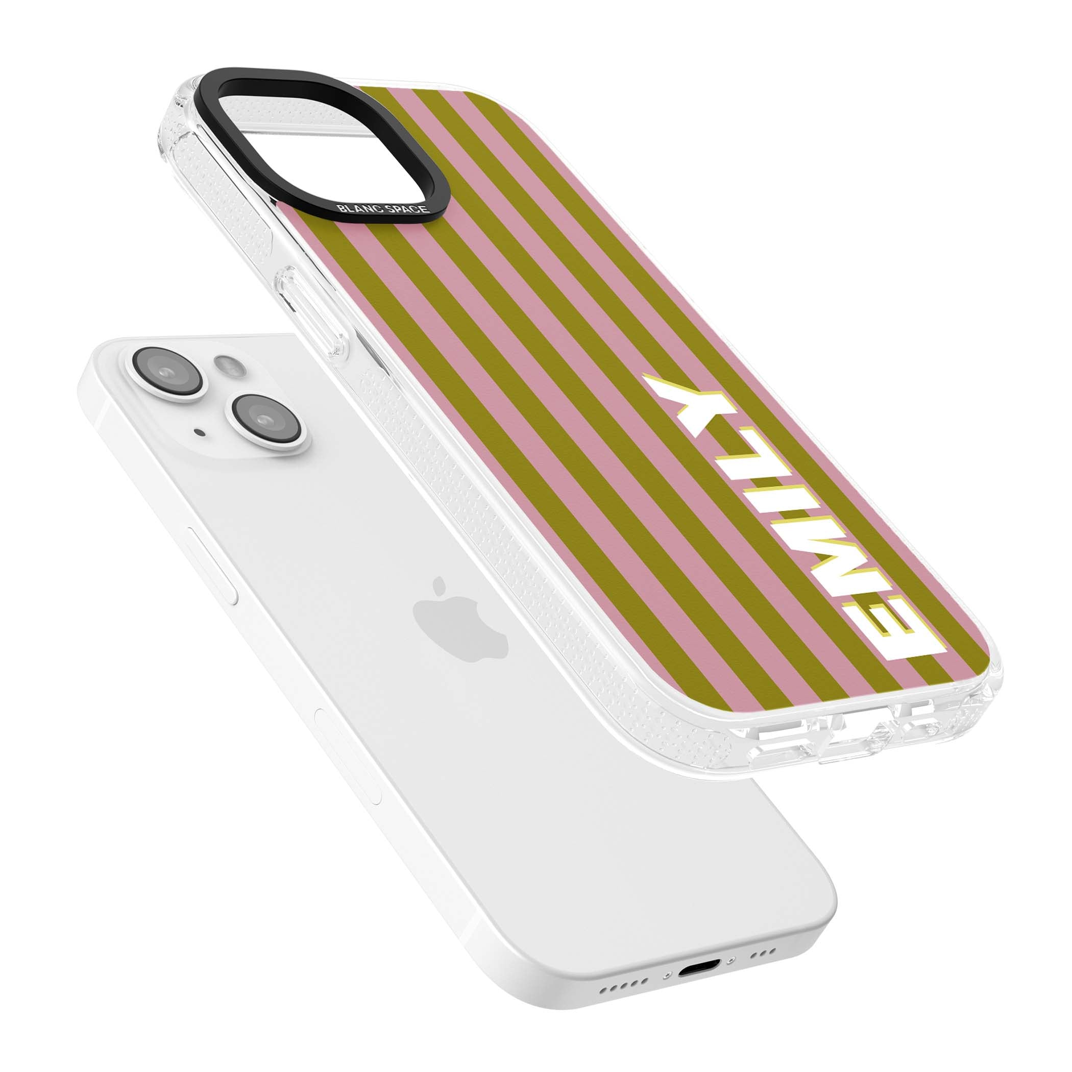 Istanbul Stripe personalised iPhone case featuring pink and olive green vertical stripes with a custom vertical name | Clear Case Impact Air case for iPhone 15, iPhone 15 Plus