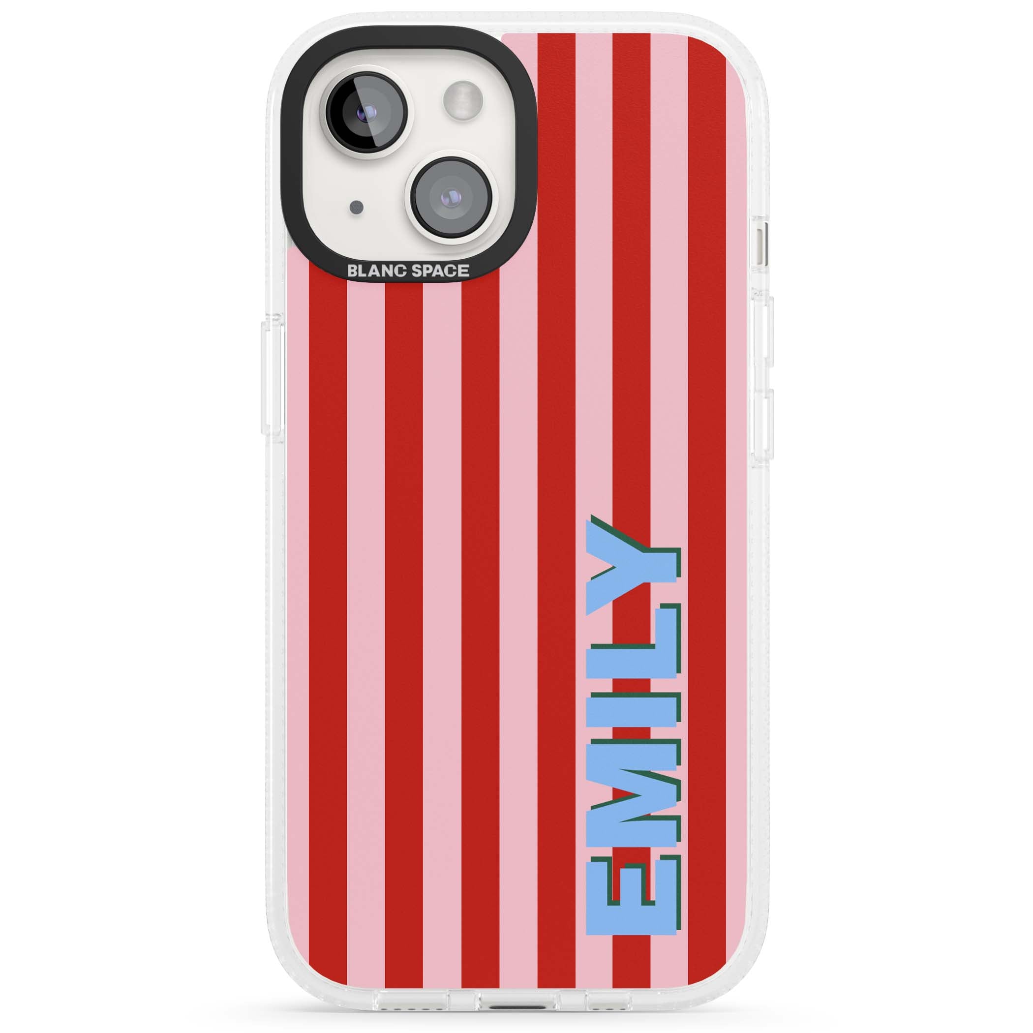 Market Stripe personalised iPhone case with red and pink vertical stripes and custom blue name | Clear Case Impact Air case for iPhone 15, iPhone 15 Plus