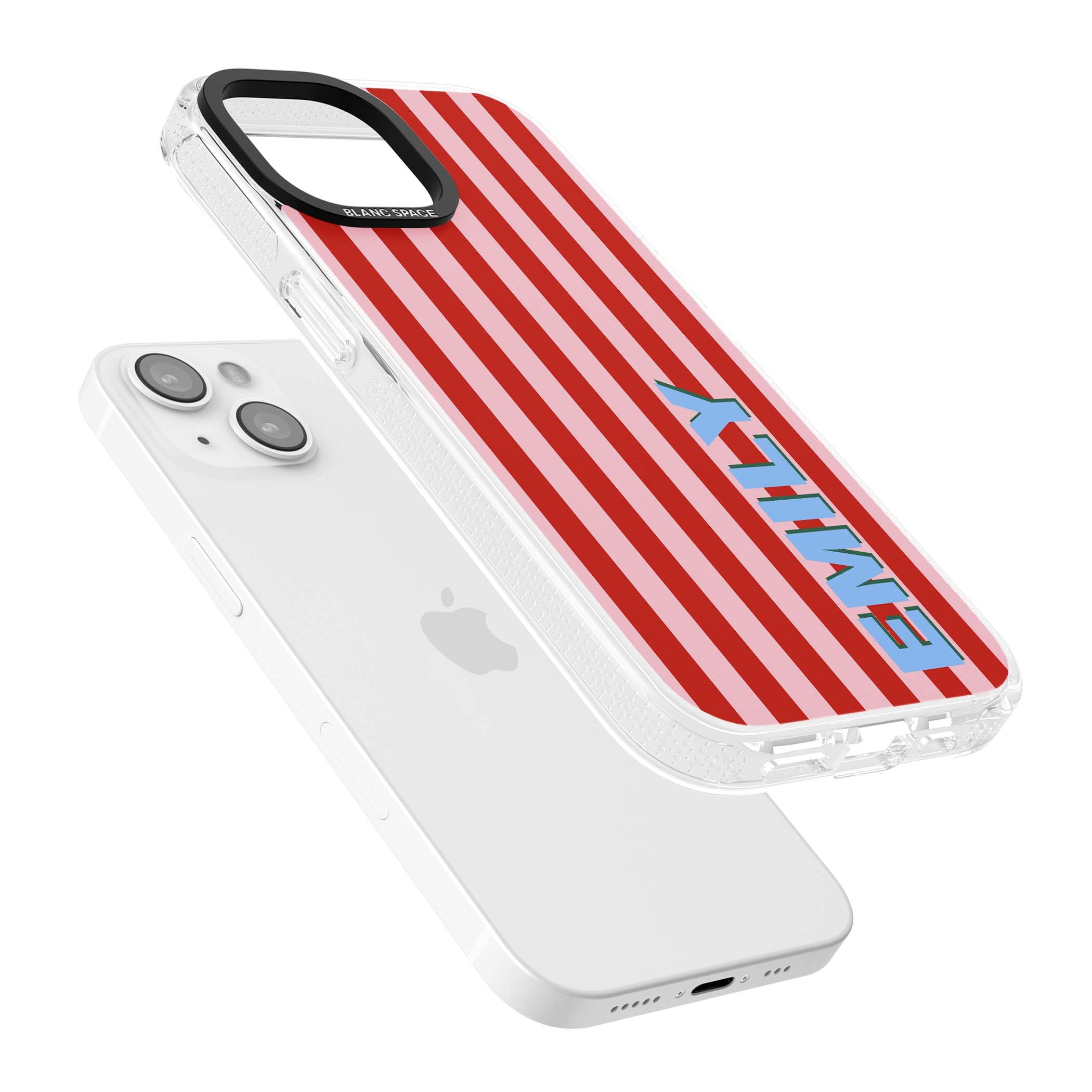 Market Stripe personalised iPhone case with red and pink vertical stripes and custom blue name | Clear Case Impact Air case for iPhone 15, iPhone 15 Plus