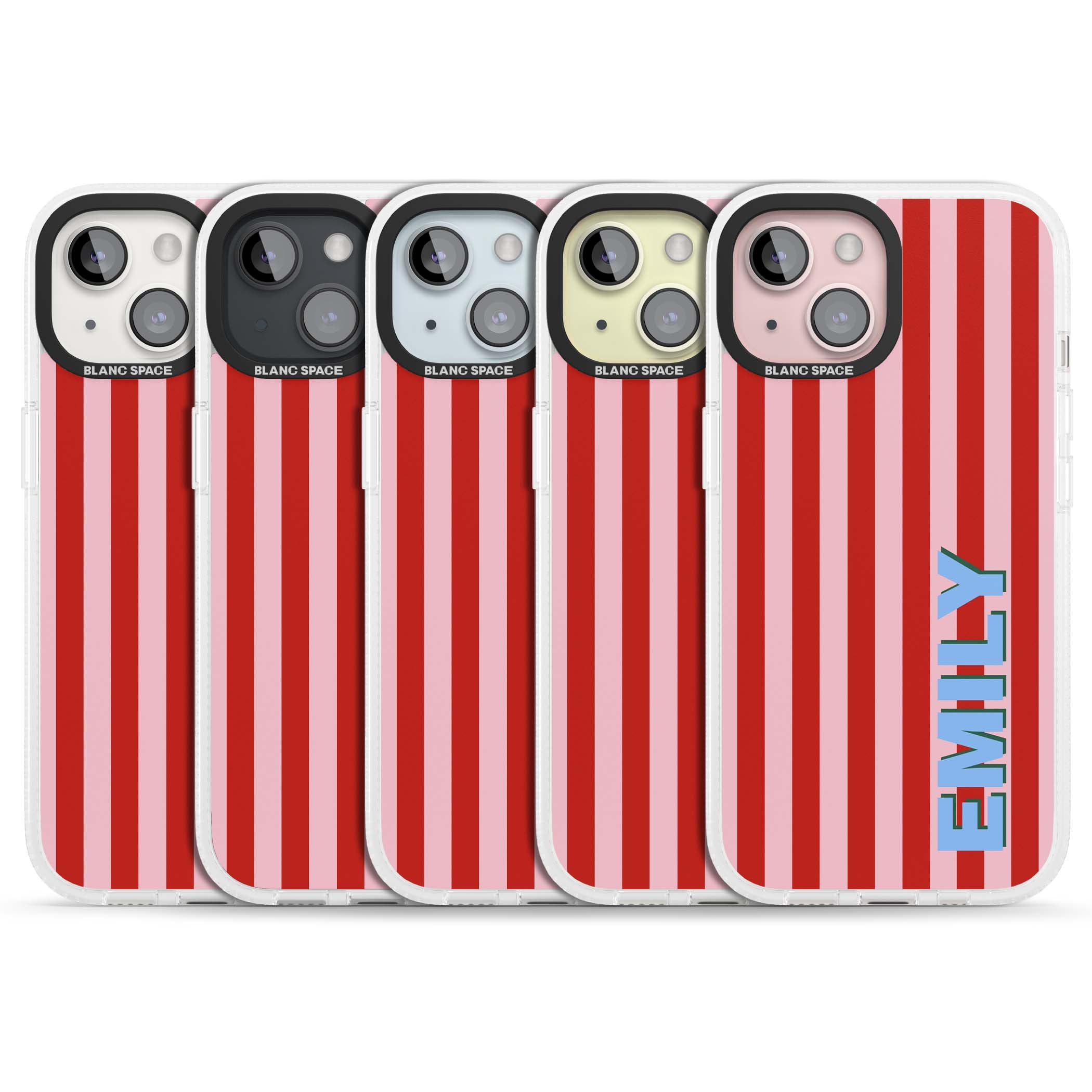 Market Stripe personalised iPhone case with red and pink vertical stripes and custom blue name | Clear Case Impact Air case for iPhone 15, iPhone 15 Plus